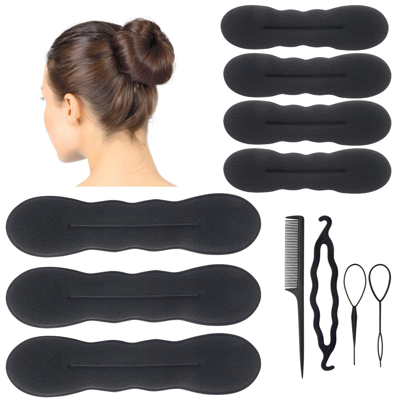 12PCS Black Bun Hair Maker for Long Hair, Soft Foam Sponge Bun for Women Updos, Reusable Ballet Bun Kit for Ballet Bun, Reusable Flexible Hair Bun (3 Large, 4 Small) for Waves Style, Twist Hair Tool - Image 2
