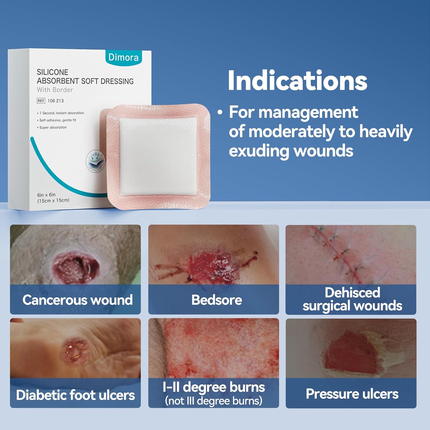 Dimora 20 Count Silicone Super Absorbent Wound Dressing 6" x 6" - Large Adhesive Bandage for Heavy Exudate, Border Wound Care Pads for Pressure Sore and Post-Surgical Incisions