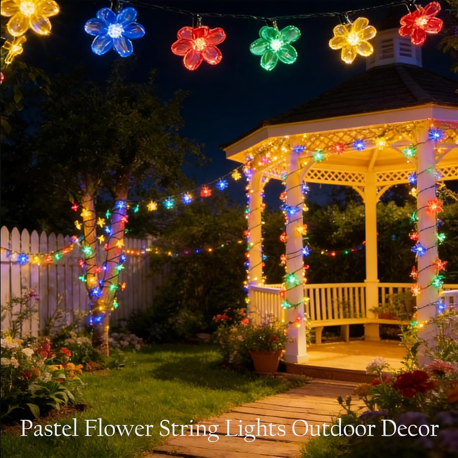 Outdoor Solar Powered Flower String Lights, 100 LED Multicolored Waterproof Cherry Blossom Floral Lamp Decorations with 33ft 8 Modes for Easter Christmas Tree Garden Yard Balcony Hanging Decor