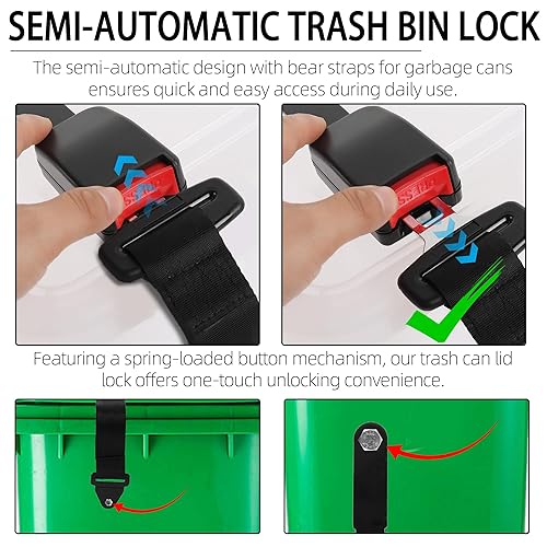 Vista 13 de TonGass Paquete de 2 cerraduras de basura negras con cuerdas de alambre de acero inoxidable, cerradura de tapa de basura para ardilla a prueba