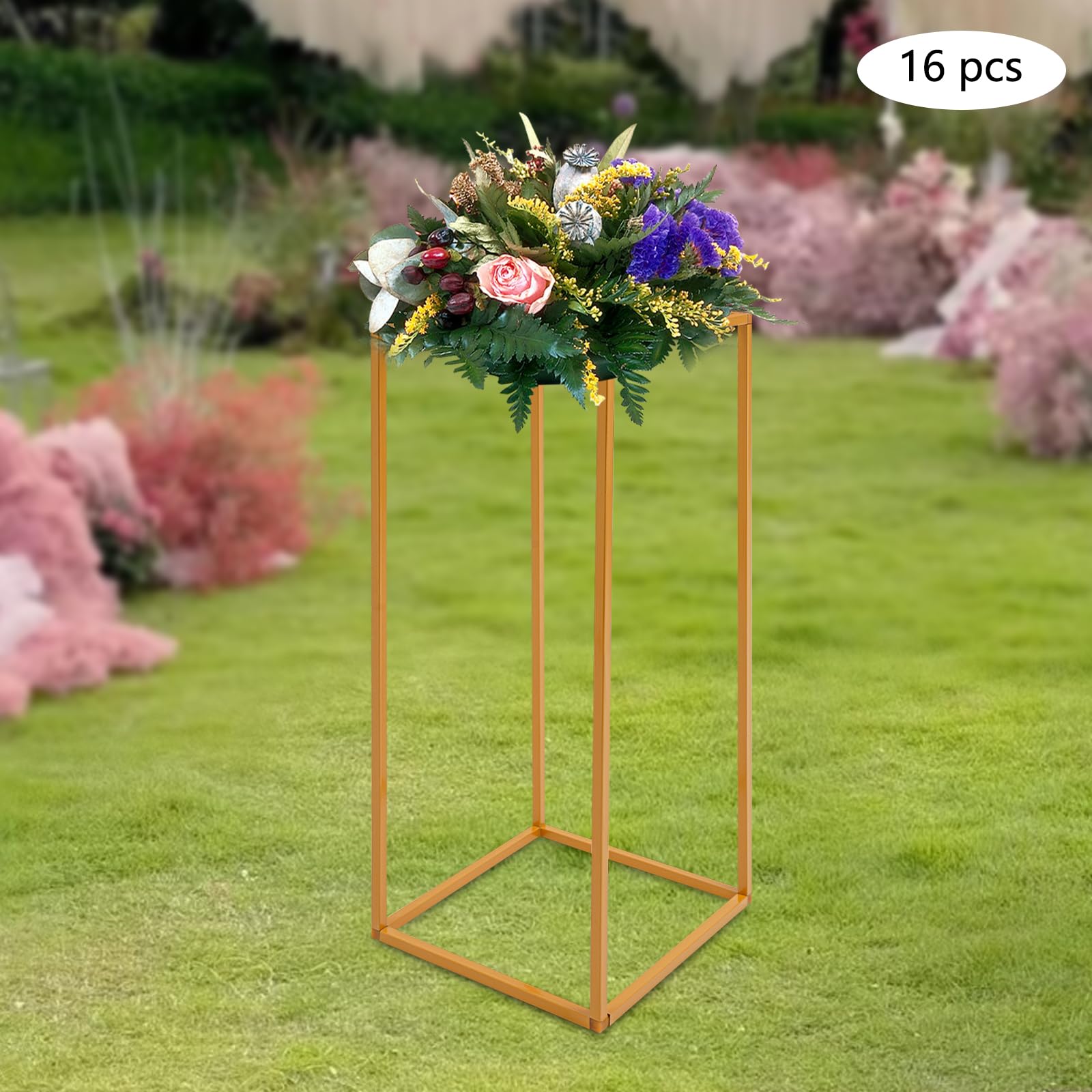 16 jarrones dorados de flores, centro de mesa de 23.6 pulgadas, soporte geométrico de pilar de decoración de mesa, juego de soporte de flores de columna de metal para boda, estante geométrico
