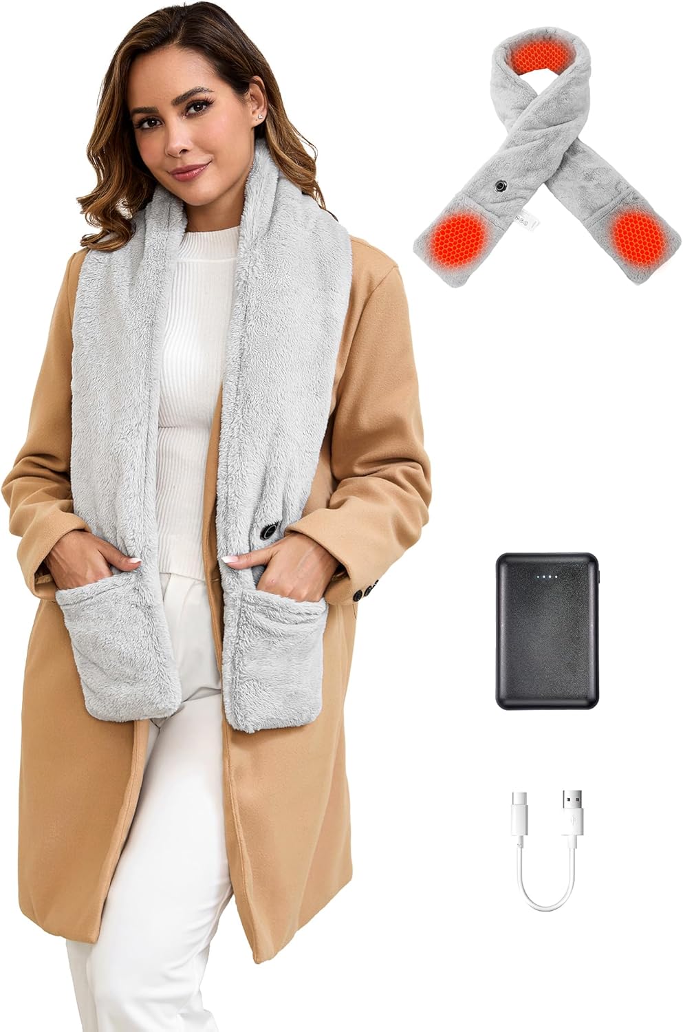 Graphene Heated Scarf with 2 Pockets for Women Men, Neck Heating Pad with 10000mAh Rechargeable Battery, Electric Heat Neck Wrap for Neck Pain Cold Muscle Stiffness