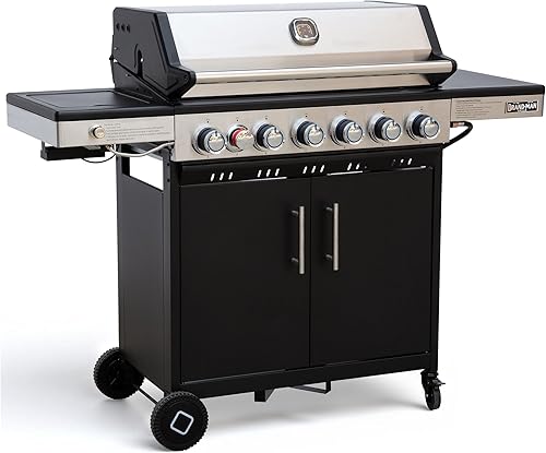 Brand-Man - Parrilla de propano de 6 quemadores con quemador lateral infrarrojo y rejilla y placa de hierro fundido esmaltado de porcelana, parrilla