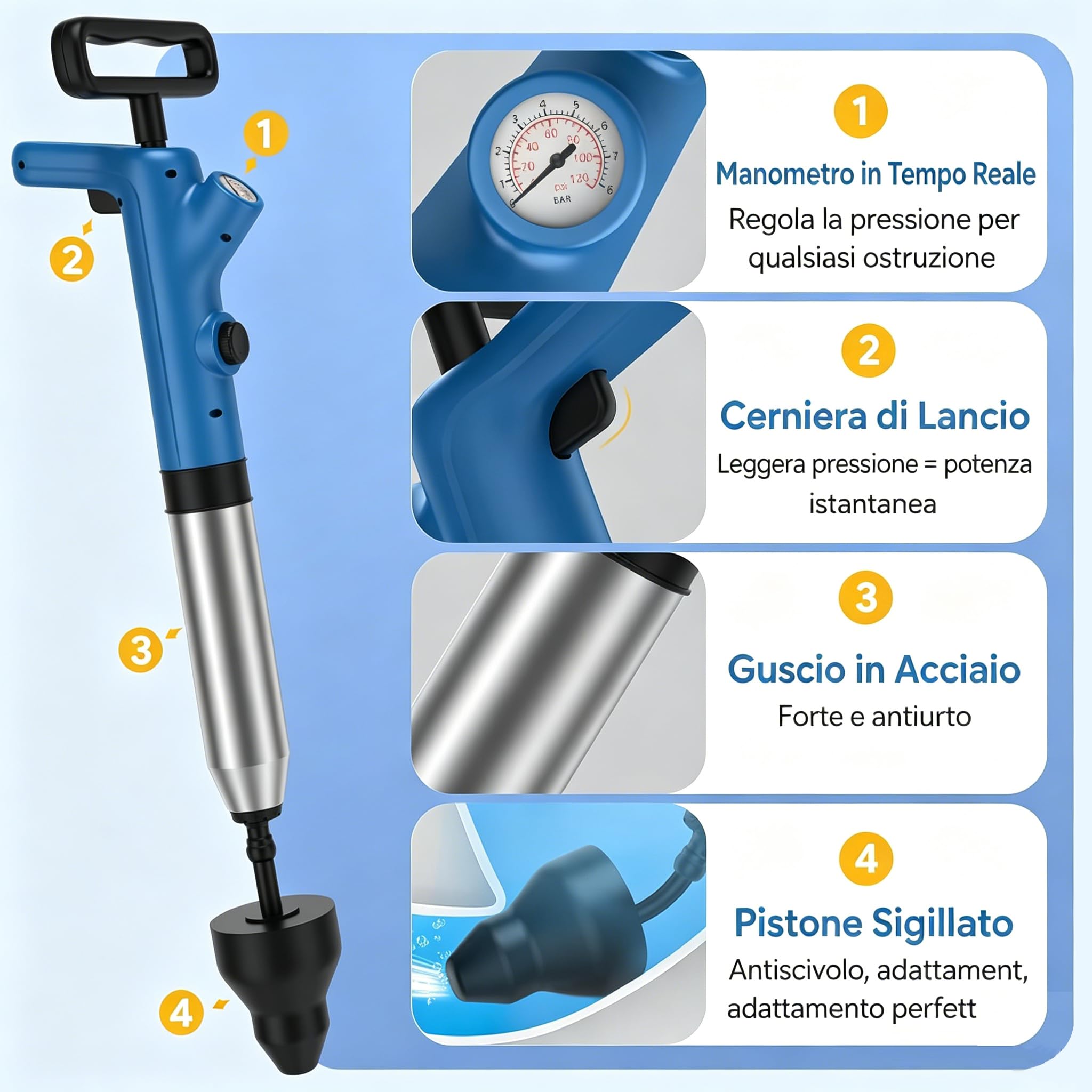 Deboucheur wc, pompe deboucheur canalisation, déboucheur canalisation haute pression, Tête de dragage flexible,Pression d'air maximale 8bar, Peut déboucher Toilette, Évier, Avec support suspendu