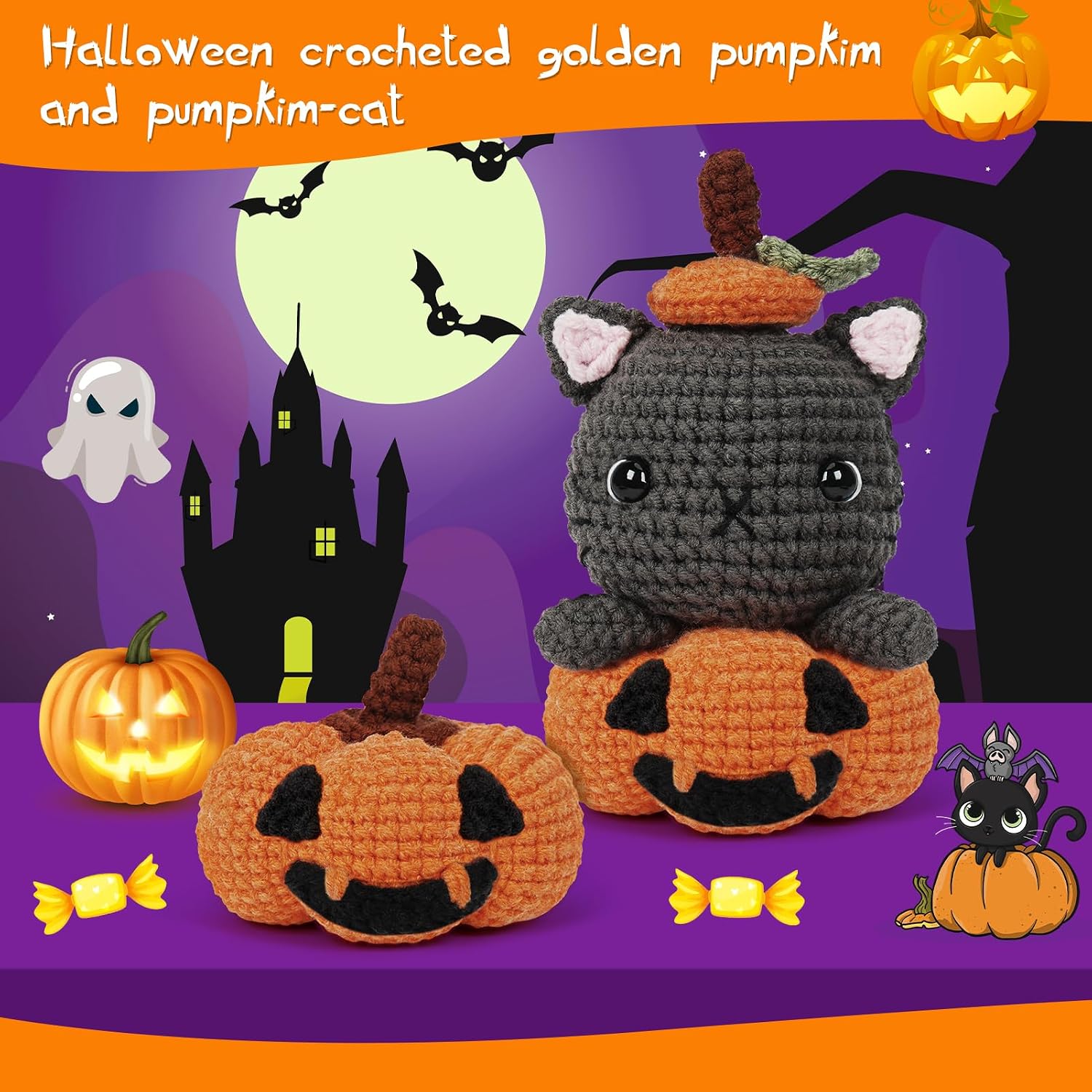 UHAPEER Halloween Crochet Kit for Beginners, Crochet Cat and Halloween Pumpkin, Amigurumi Crochet Kit with Instruction & Step-by-Step Video Tutorials for Adults, DIY Gift