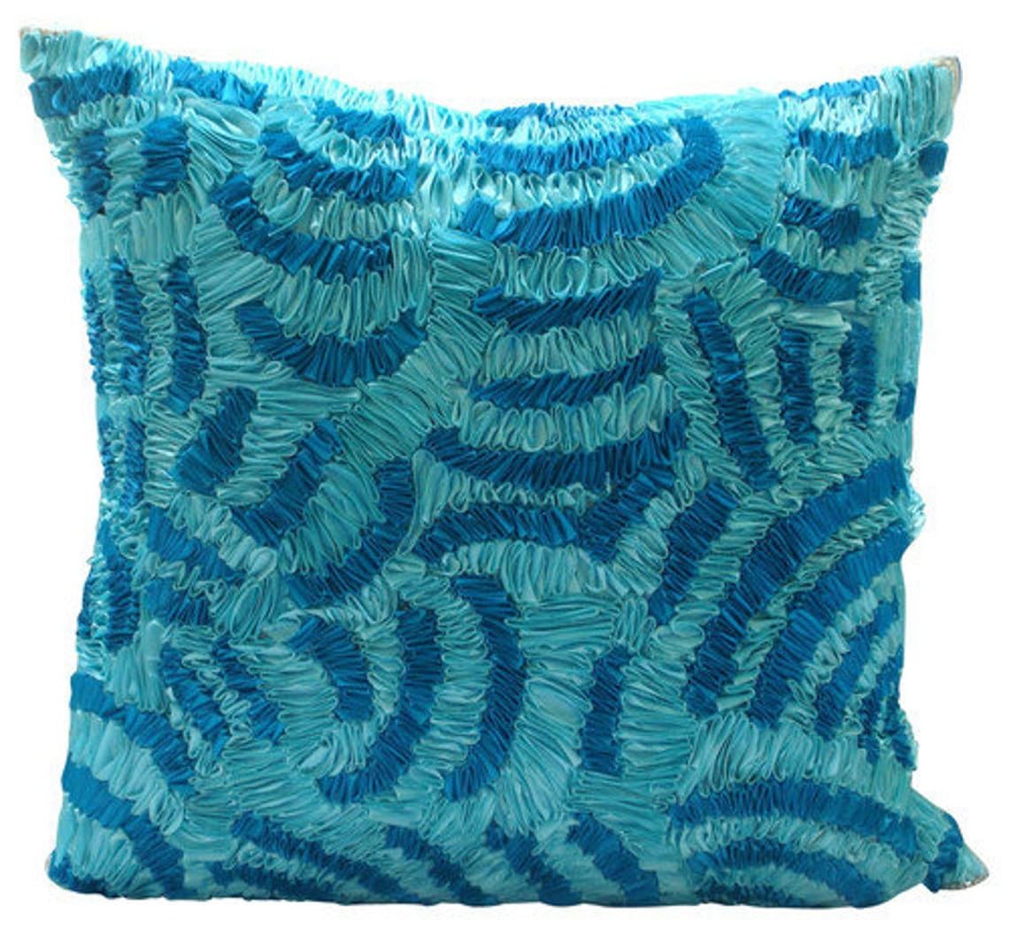The HomeCentric Blue Cushion Cover, Ribbon Waves Ocean and Beach Theme Cushion Cover, 35x35 cm (14x14 inch) Cushion Cover, Silk Cushion Cover Contemporary, Striped Cushion - Aqua Ripples โ image 1