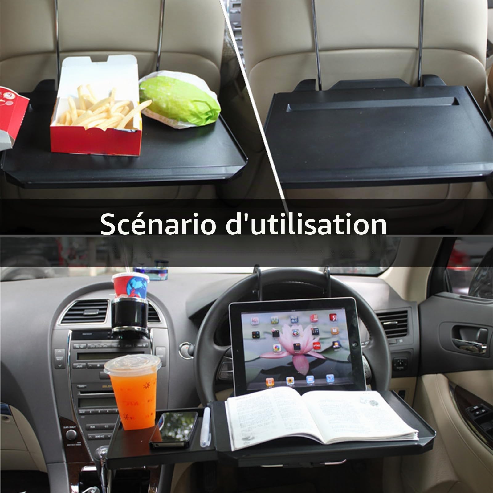 Support De Volant De Voiture, 2 en 1 Plateau De Volant Table D'ordinateur Pliable Et Portable pour Siège De Voiture Universel Support Multifonctionnel pour Volant Plateau De Table Jusqu'à 10kg