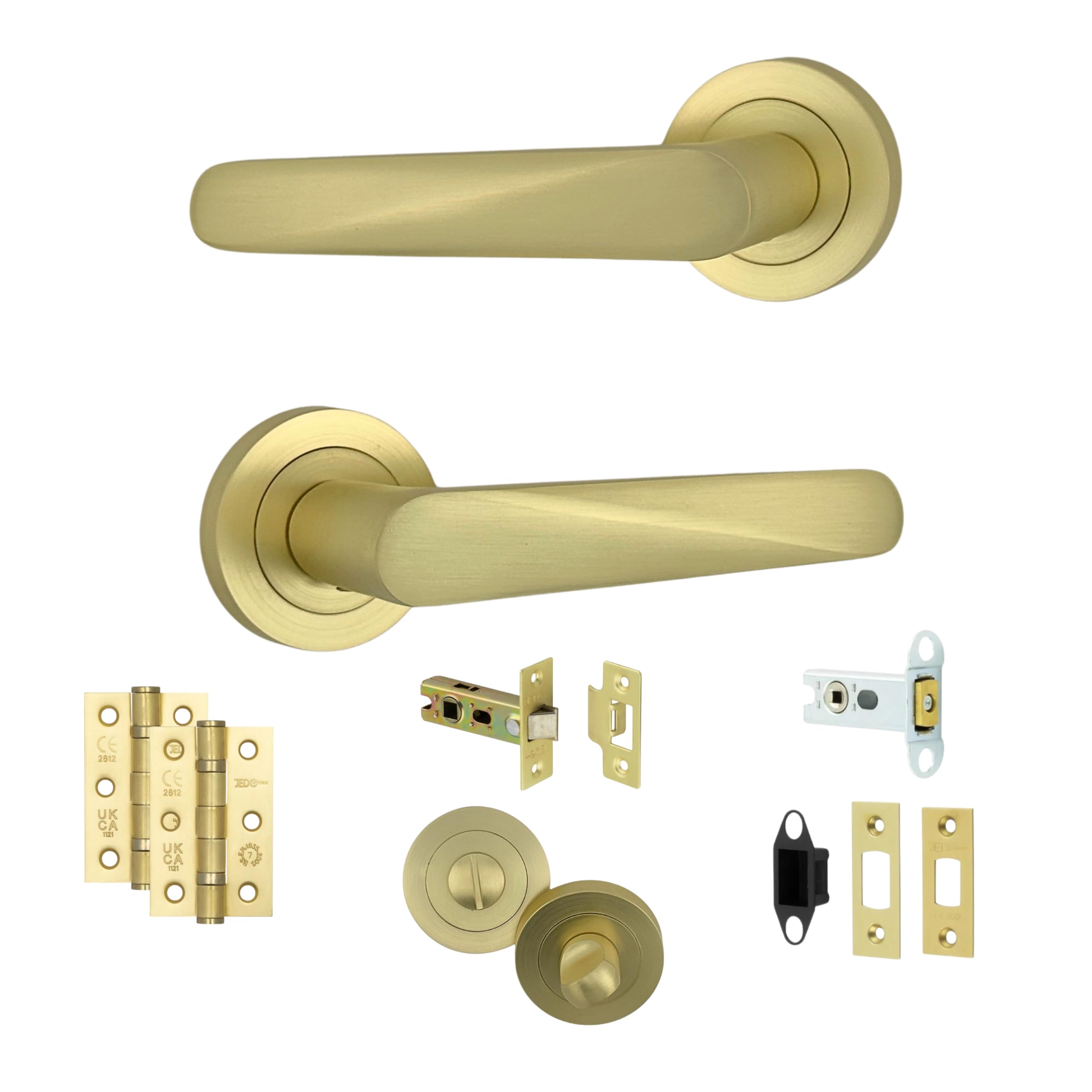 AXS Hardware Detroit Door Handles on Rose, Aluminium, Antique Brass, 127mm Lever, Concealed Fix, Internal Doors (Satin Brass, Bathroom Door Pack)