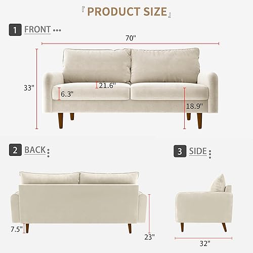 Miniatura 2 de Cómodo sofá biplaza de tela de terciopelo de 70 pulgadas de ancho con asiento profundo y patas de madera maciza, moderno sofá reclinable de mediados