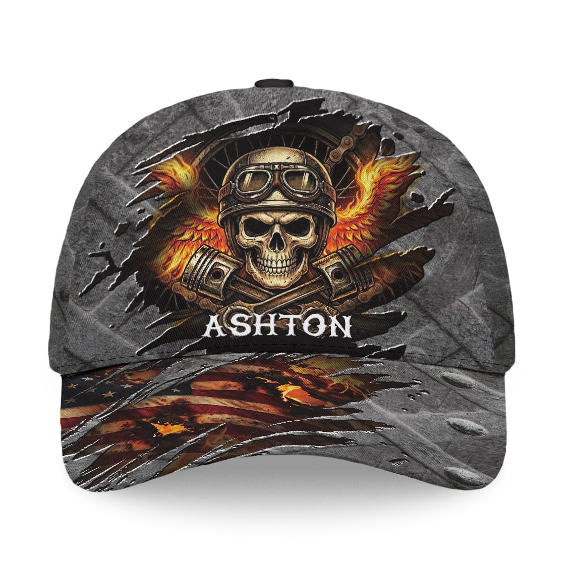 Skull Baseball Cap for Men, Grim Reaper Death Crack Old Metal with Flag, Men's Hat, Adjustable Motorcycle Soft Caps