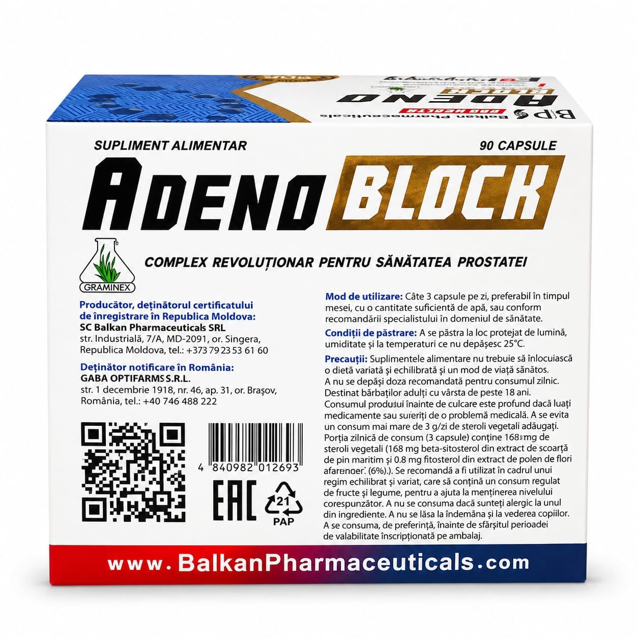 Adeno Block Pro Health – Nahrungsergänzung für die Prostata mit Graminex® Blütenpollenextrakt – Unterstützung der Prostatagesundheit – 90 Kapseln (72 g)