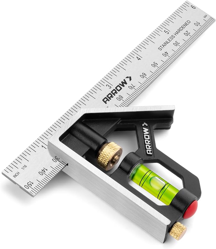 Cuadrado combinado de flecha, cuadrado combinado de 6 pulgadas con nivel de burbuja | Regla de acero inoxidable, cuerpo de aleación de zinc, herramienta de carpintero, artesanos, carpintería, reparaciones del hogar, bricolaje