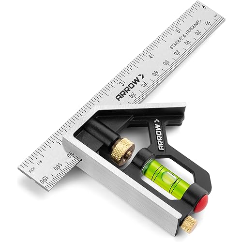 Arrow Combination Square, 6-Inch Combo Square with Stainless Steel Ruler, Zinc Alloy Body and Bubble Level for Carpenters and Craftsmen