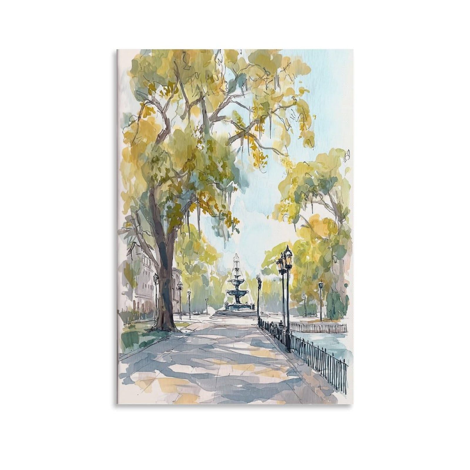 LCYNNH Savannah Forsyth Park 16x24inch(40x60cm) Vintage Travel Poster Watercolor Canvas Art