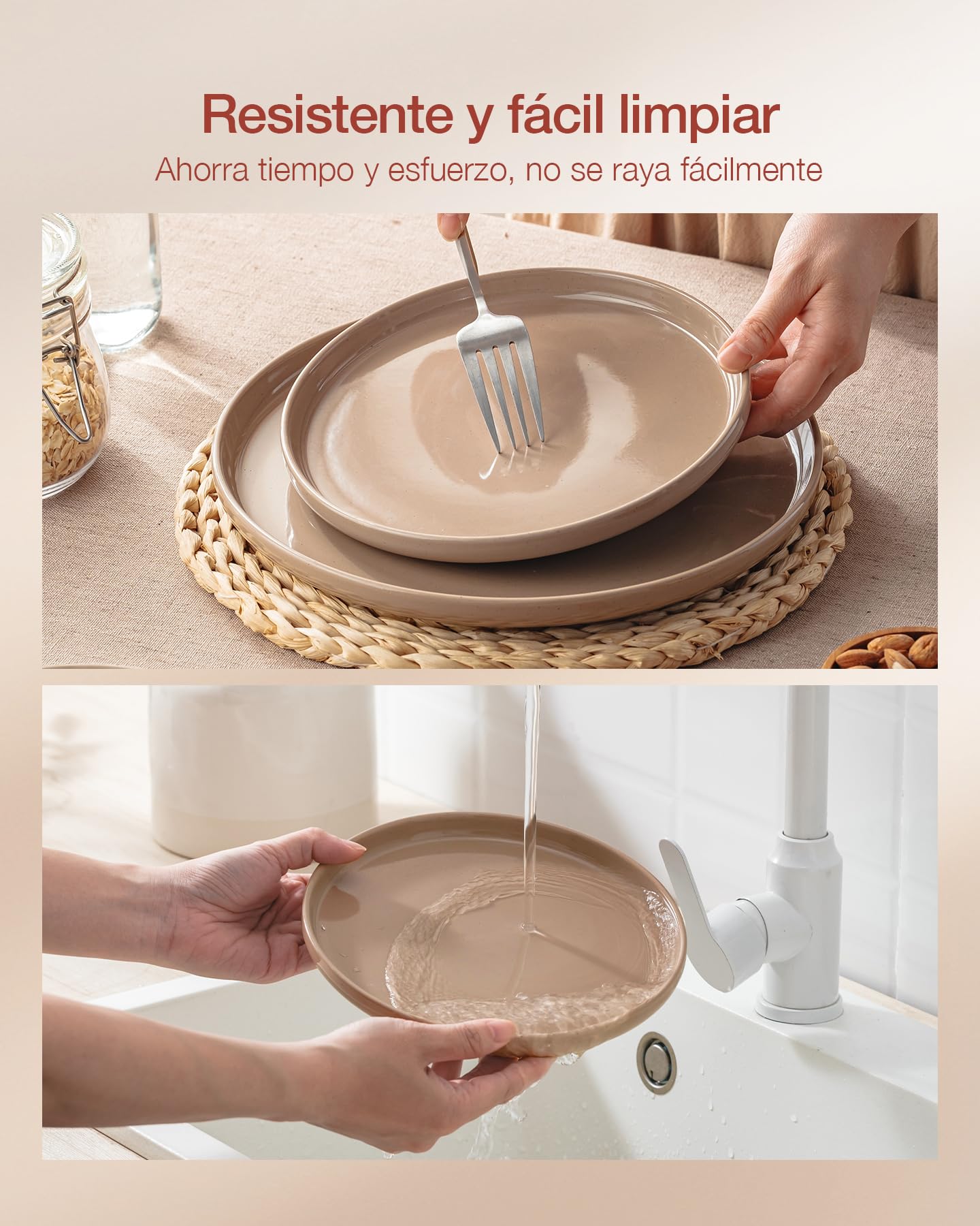 Richmount Milkyway vajilla de 12 piezas, platos y cuencos, canela marrón | Juego de vajilla de cerámica con platos llanos, platos de postre y cuencos para desayuno, apto para microondas y lavavajillas