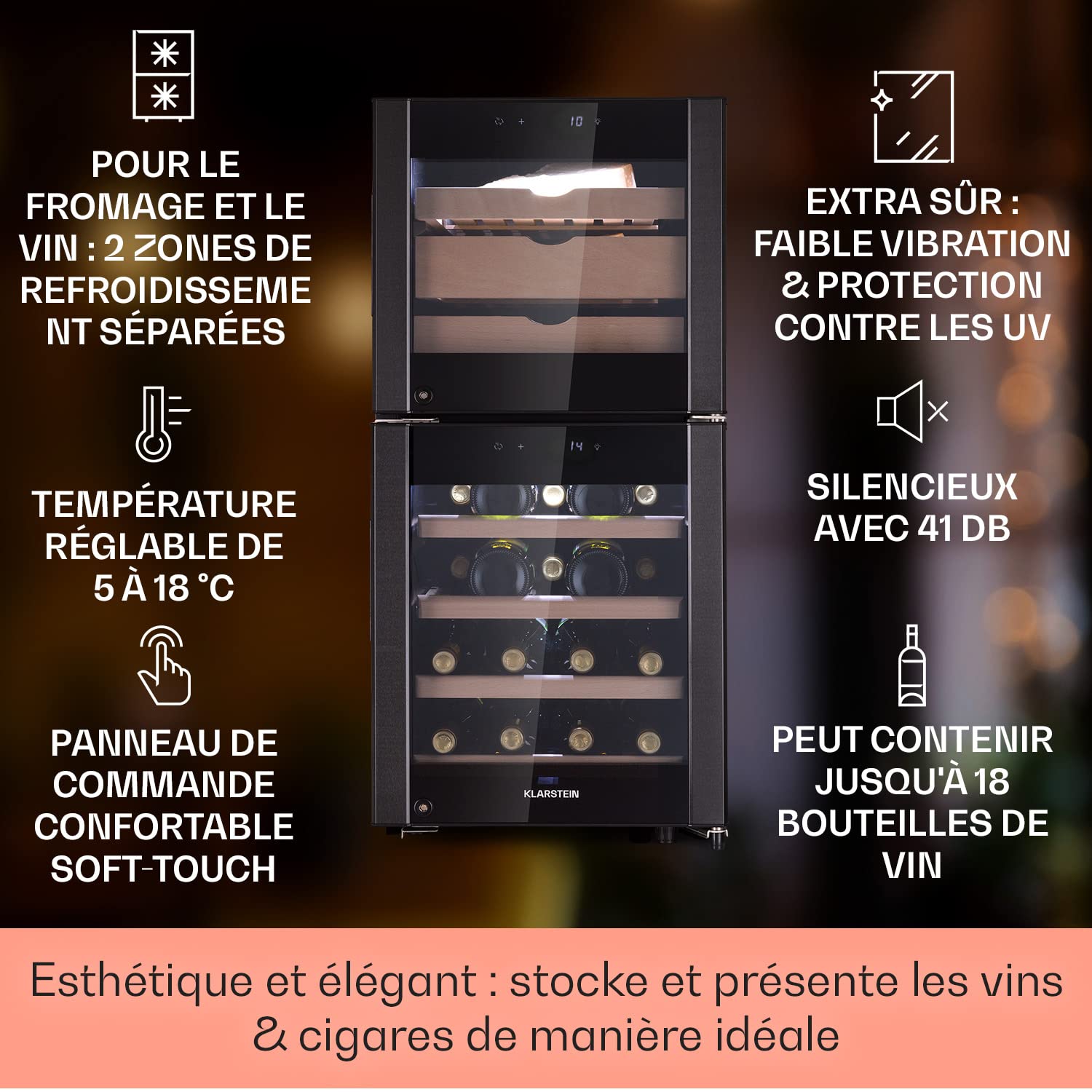 Klarstein Cave a Vin et Fromage, Réfrigérateur à Vin et Fromage, Porte en Verre, Cave à Vin Vieillissement, Prosecco, Ecran Tactile, Armoire a Vin, Contrôle Température, Protection UV, Caves à Vin 89L