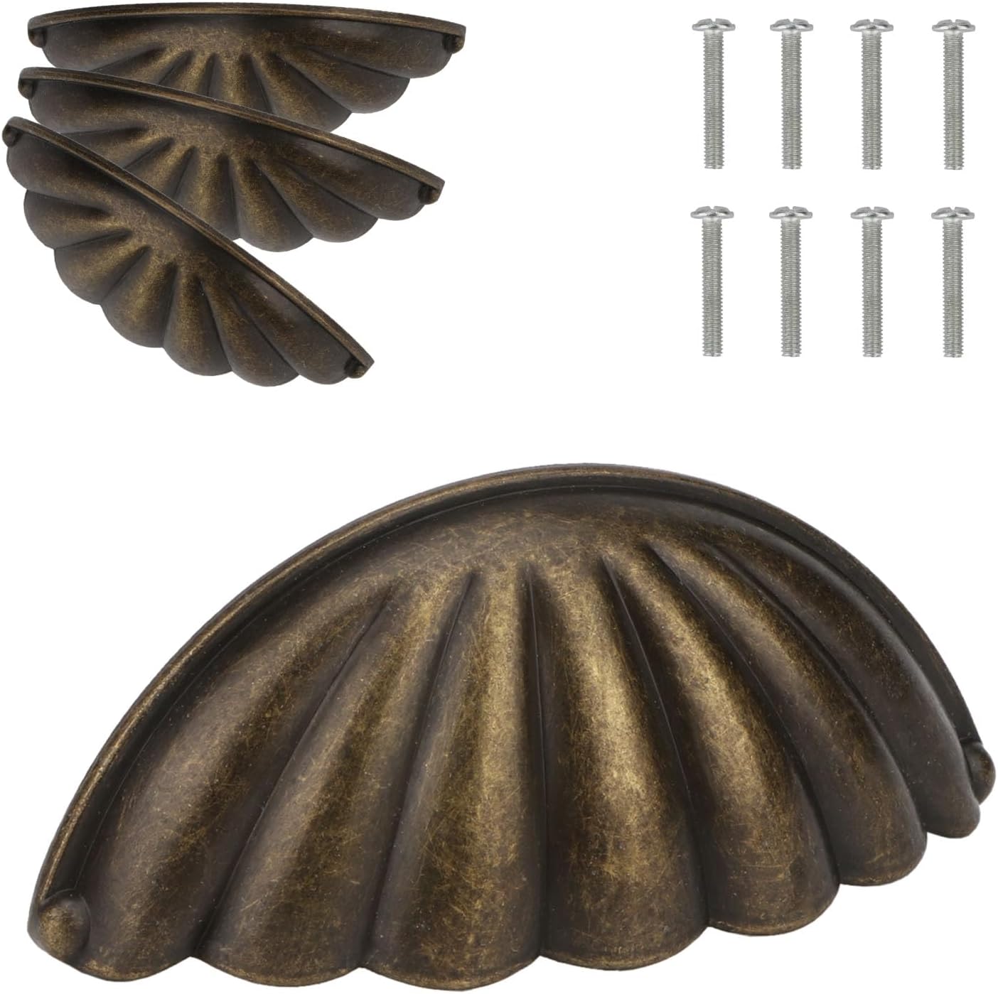 Shell Cup Handles Vintage Semi Circle Cabinet Knobs for Furniture Kitchen Cupboard Dresser Drawer Door Decorative Knob Double Hole Drawer Pulls 4 Pcs (Bronze)