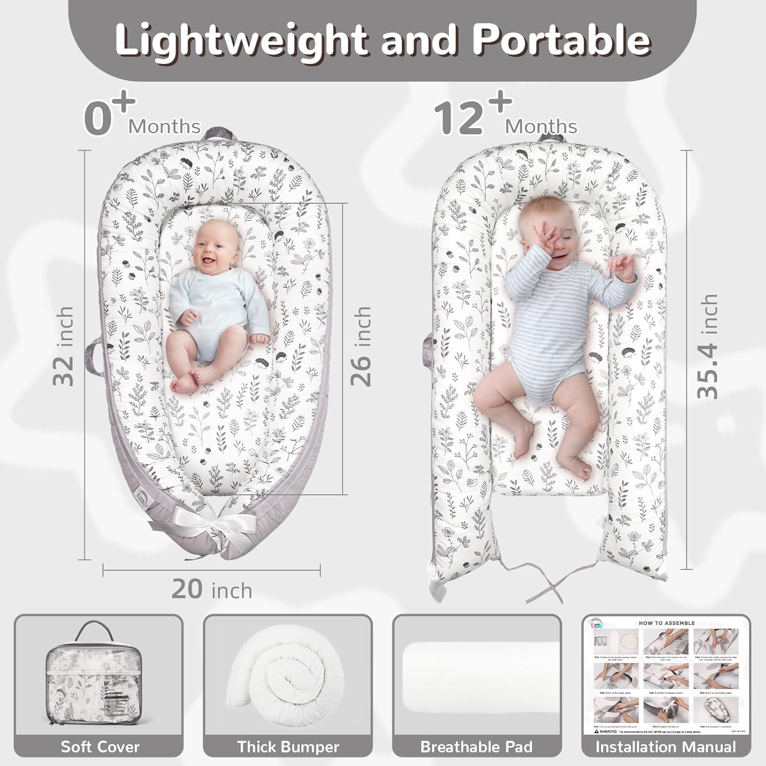 EAQ Baby Lounger Baby Nest for Co Sleeping Baby Bassinet Soft Breathable Perfect for Newborn Gift 100% Cotton Napping or Traveling for 0-12 Months (Hedgehog) 5 71CB6bo8QnL. AC SL1500