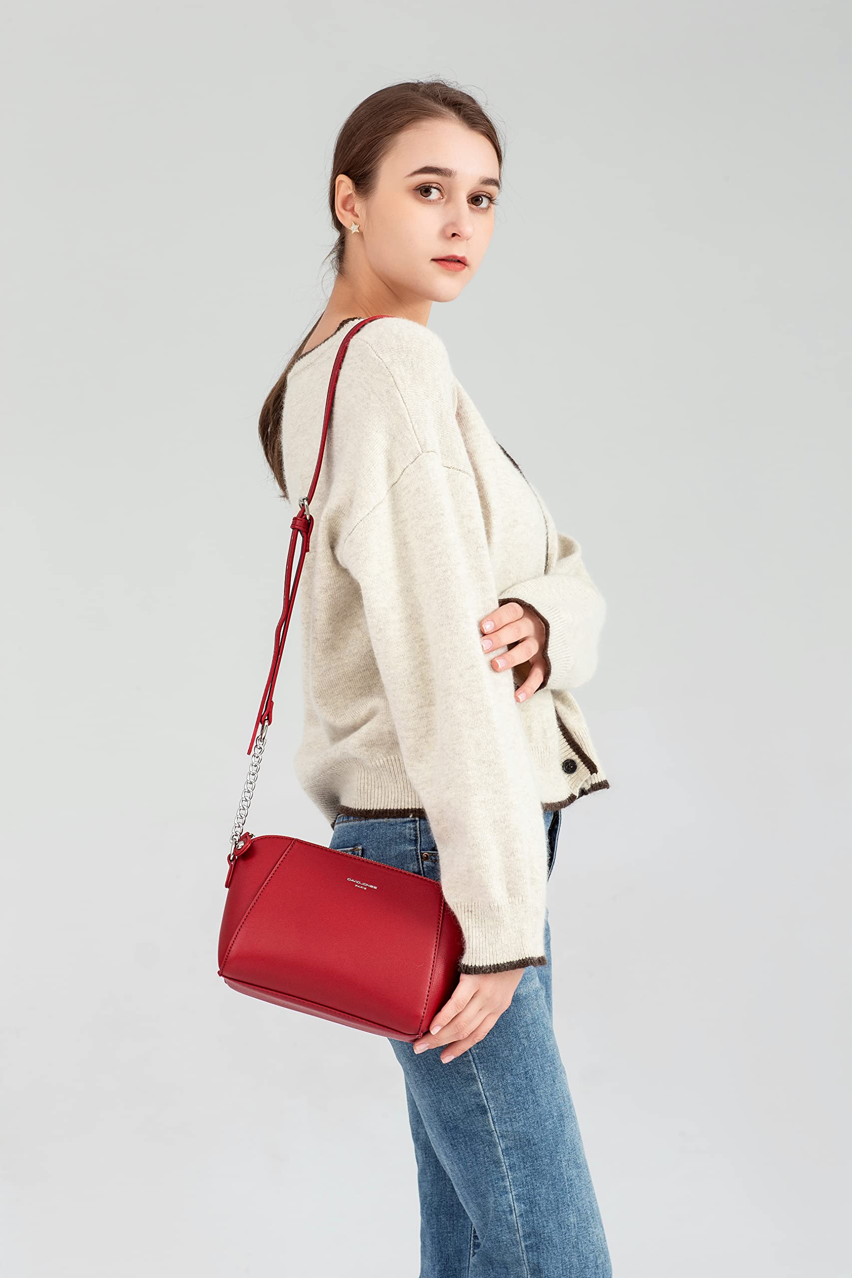 David Jones - Borsa a tracolla da donna trapezio - Borsa a catena indossata a spalla in pelle PU - Borsa a tracolla incrociata Travers Pochette da sera moda lavoro shopping elegante alla moda chic