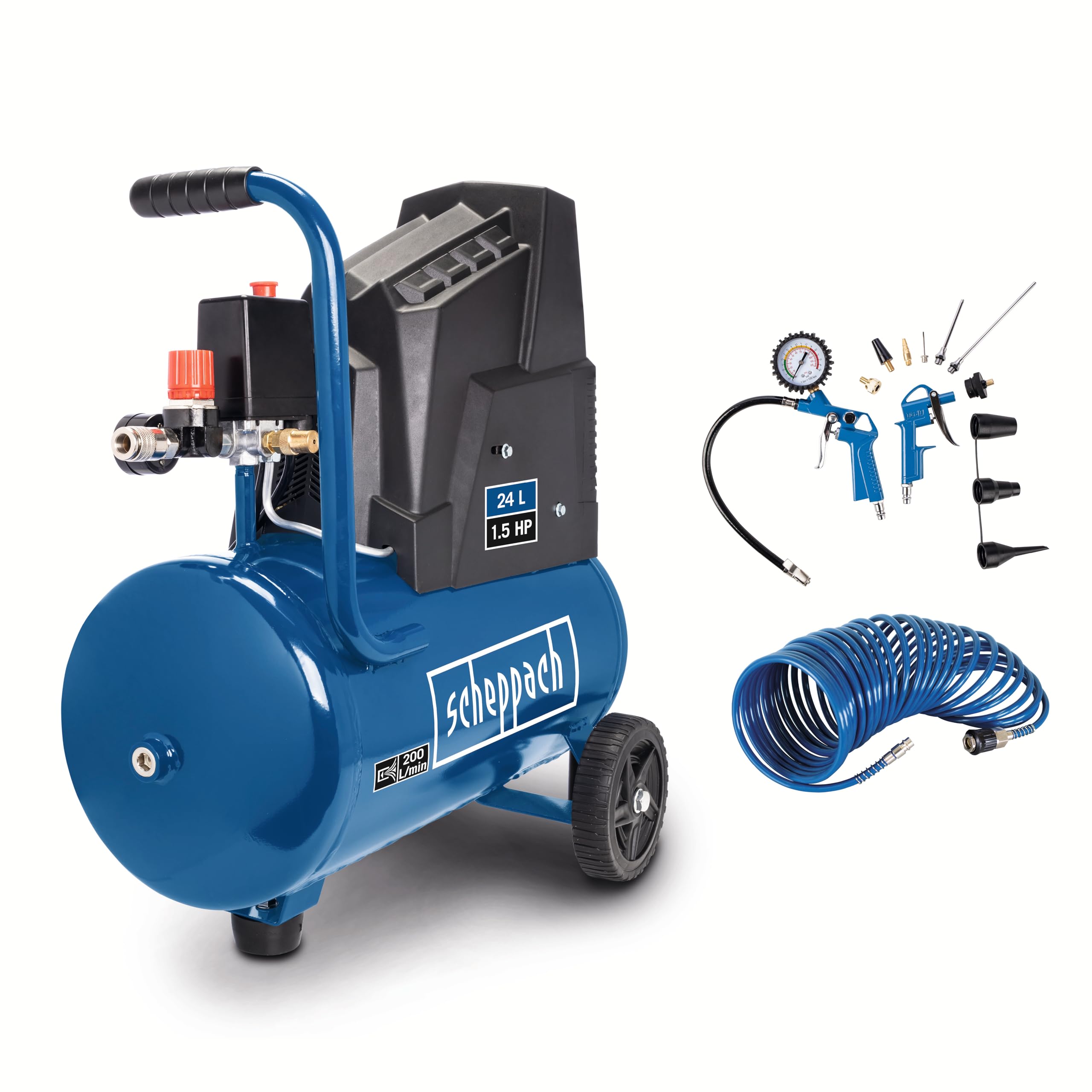Scheppach Compresseur à air HC30o | 1100W | 8 bar |13 accessoires inclus | Cuve de 24 Litres Admission d'air 200 L/min | | Sans huile & Longue durée de vie
