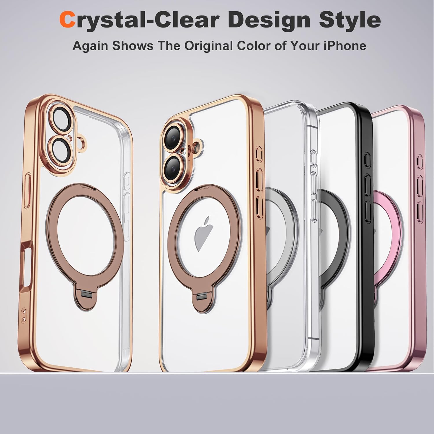 Compatible with iPhone 17 Case with 360° Rotatable Magnetic Ring Stand [Compatible with Mag-Safe] Camera Lens Protector Plating Clear Phone Case for iPhone 17 6.3", Desert Gold