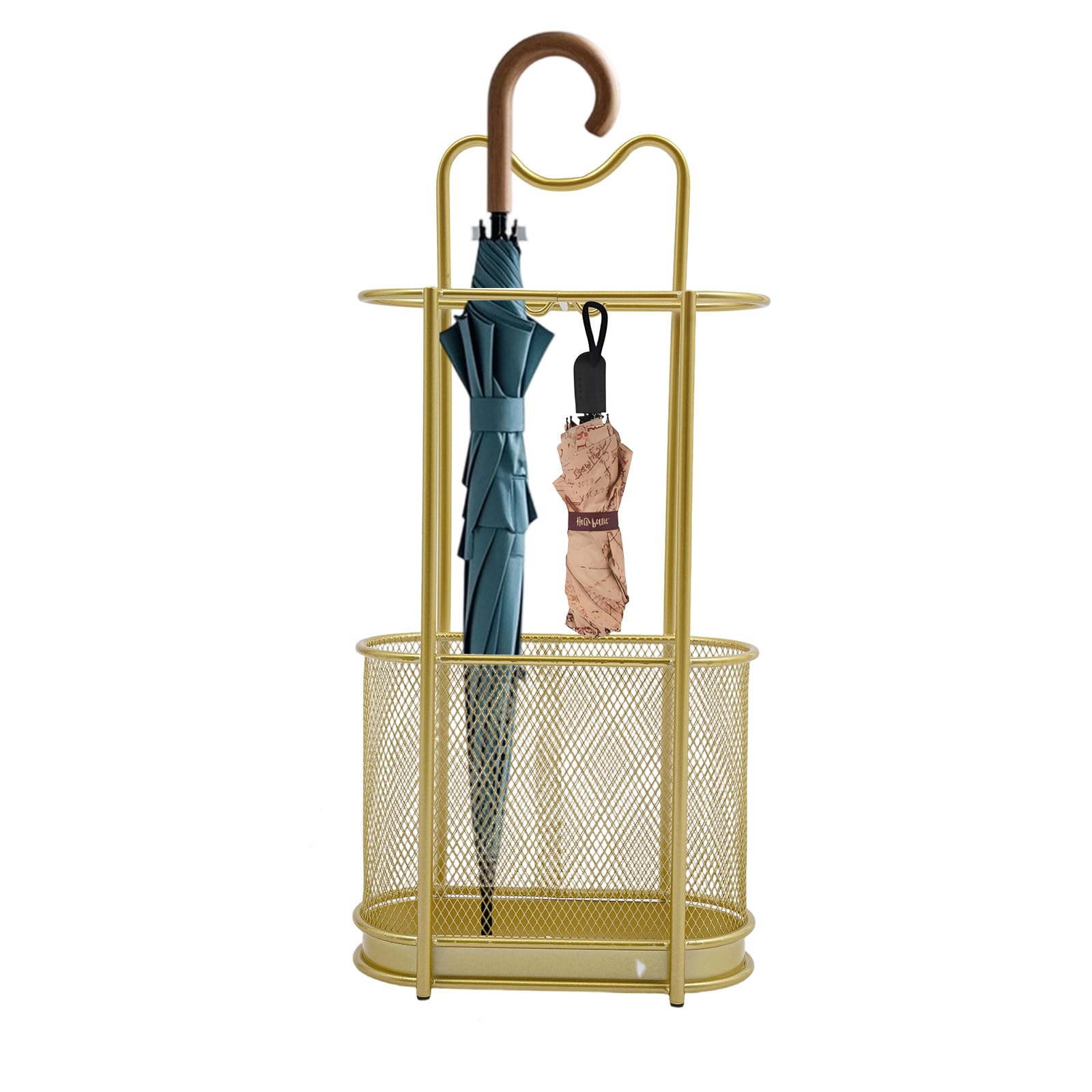 Portaombrelli autoportante in metallo, moderno portaombrelli con gancio e vaschetta scolapiatti, ombrelli, organizzazione bastone da passeggio, 30 x 15 x 60 cm (oro)