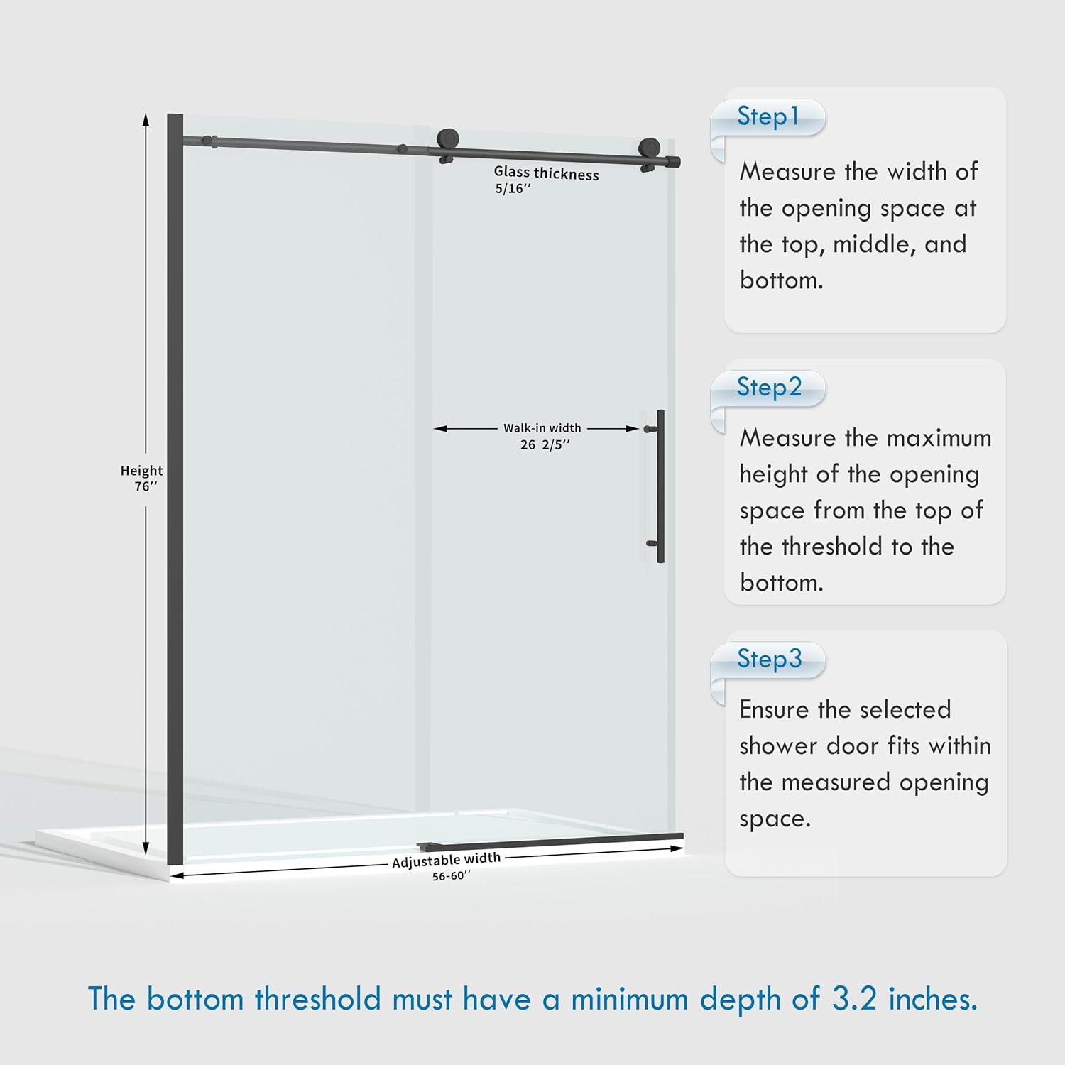 ENSO SENKA 56-60” x 76” Frameless Shower Door, 5/16" (8mm) Clear SGCC Tempered Glass, Bathroom Glass Sliding Shower Doors, Matte Black