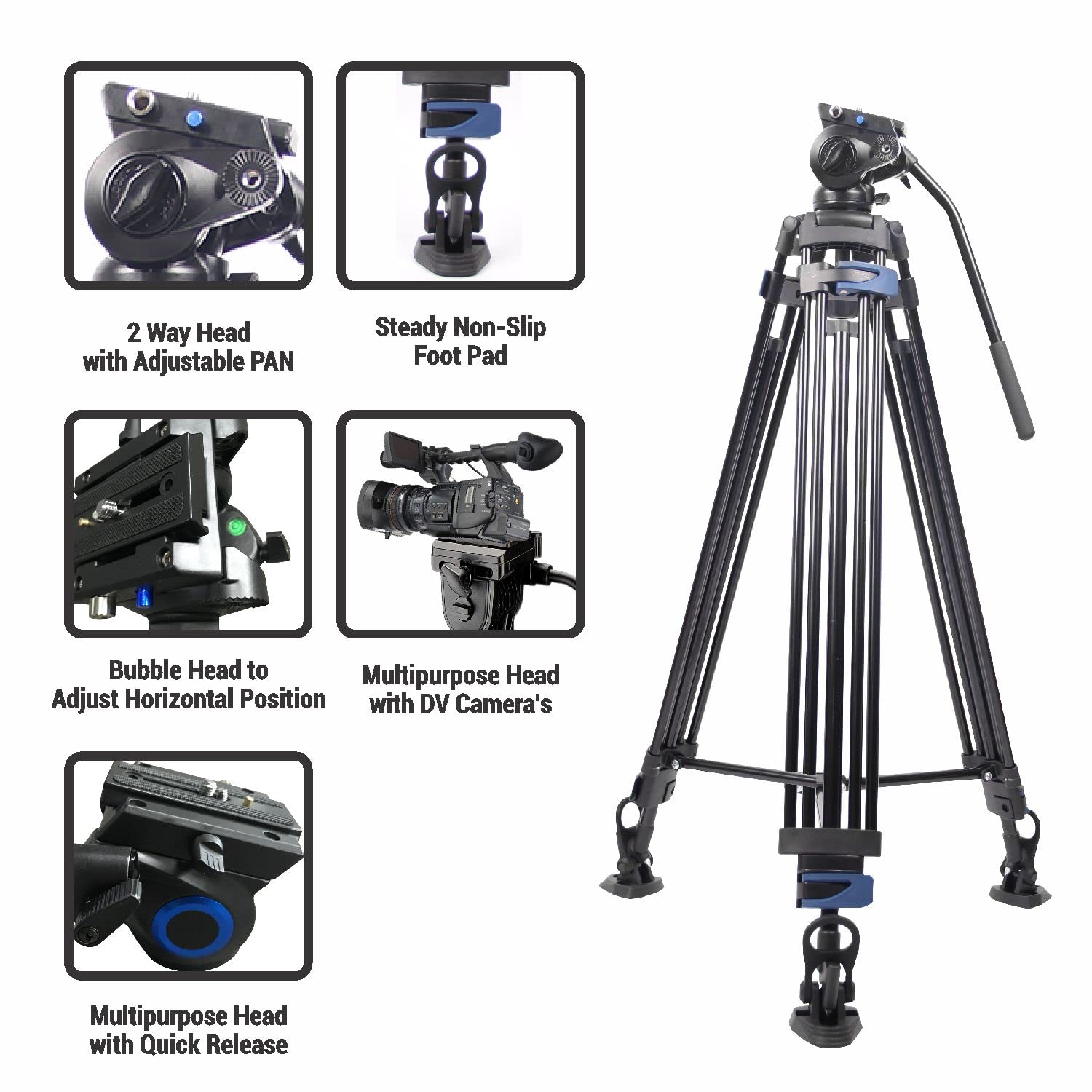 Digitek DPTR-7060VD 184cm Platinum Heavy Duty Video Tripod, 20kg Max Load, 3-Section Adjustable Aluminum Rod, Non-Slip Foot Pads, Compatible with Camcorder, Camera & Smartphone — Amazon image 2