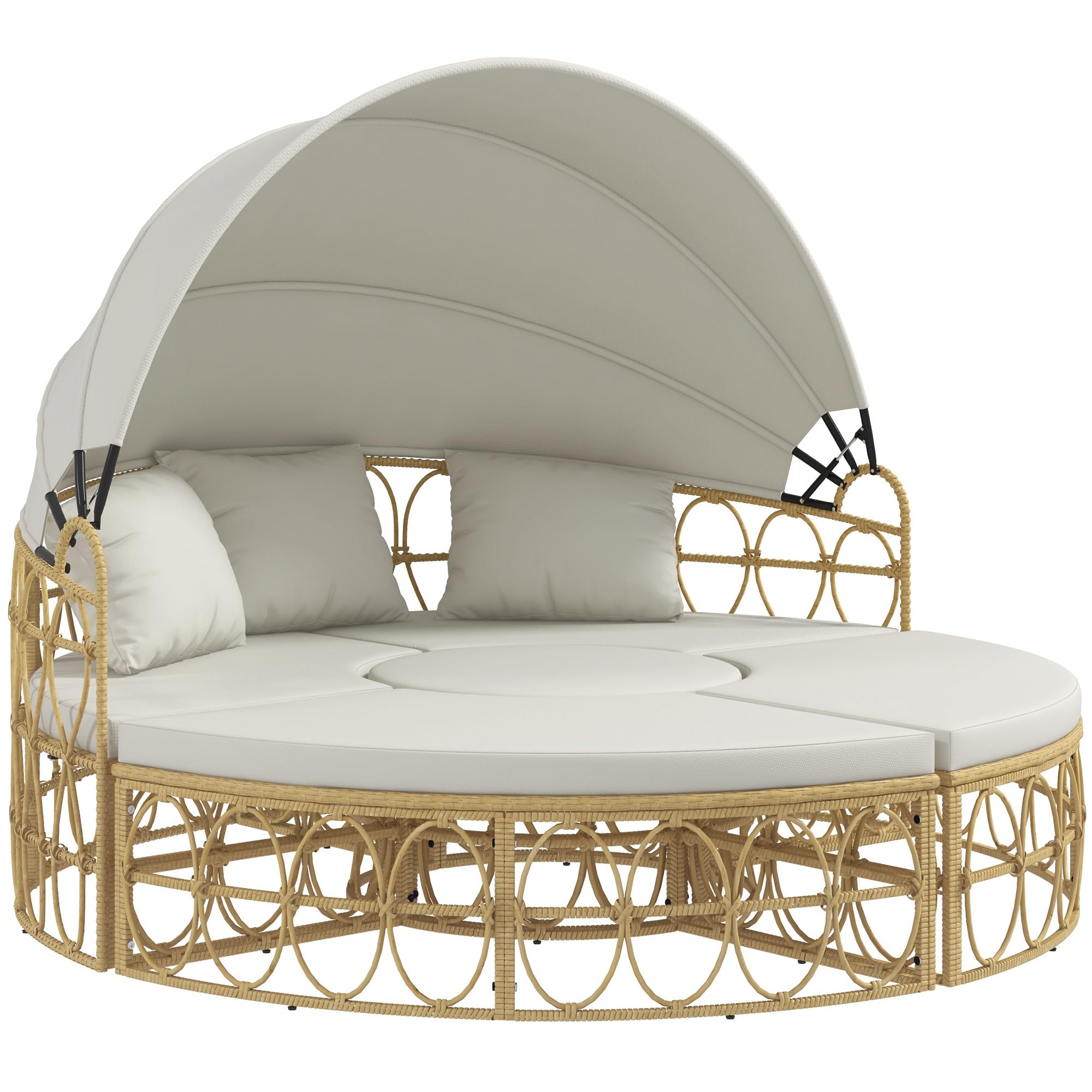 Outsunny Patio Furniture Set, Round Outdoor Daybed with Washable Couch Cushions, Hollow Wicker PE Rattan Sectional Sofa with Retractable Canopy for Pool, Lawn, Cream White