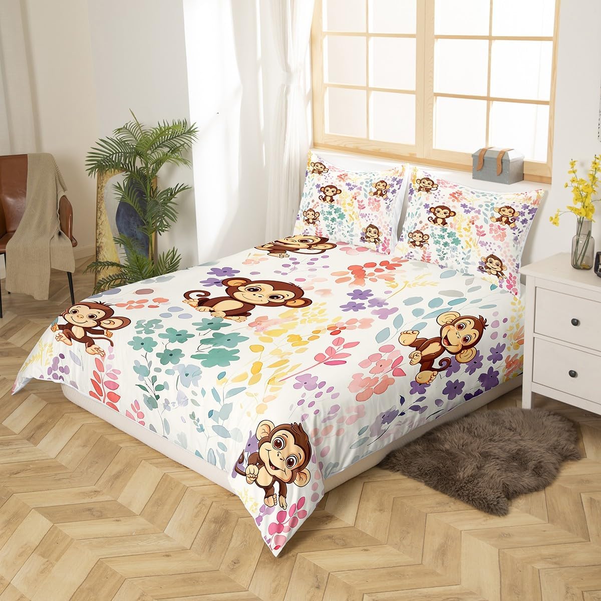 Erosebridal Kawaii Monkey Bedding Set Twin Size,Cartoon Monkey Flower Duvet Cover for Kids Girls Boys,Watercolor Floral Bed Set Forest Wildlife Animal Duvet Cover with 1 Pillowcase
