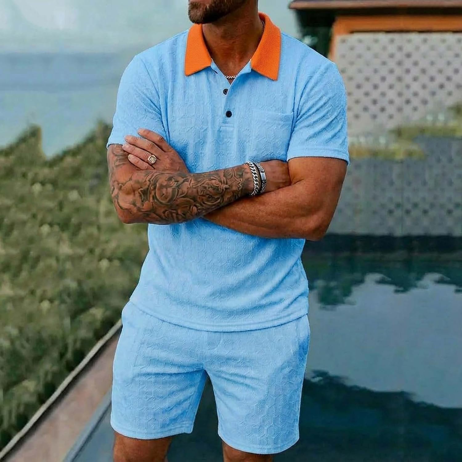 Cambkatl Men's Jacquard 2 Piece Outfits Color Block Short Sleeve Loose Collared T-Shirt & Shorts Workout Sets with Pockets