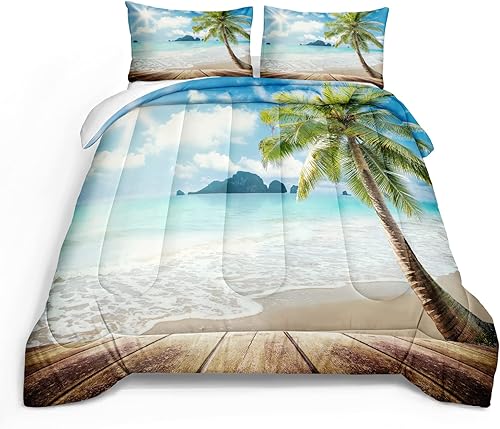 Miniatura 9 de Bedbay - Juego de ropa de cama con árbol de palma tropical, juego de edredón de playa, tamaño Queen, edredón soleado y playero, juego de ropa de