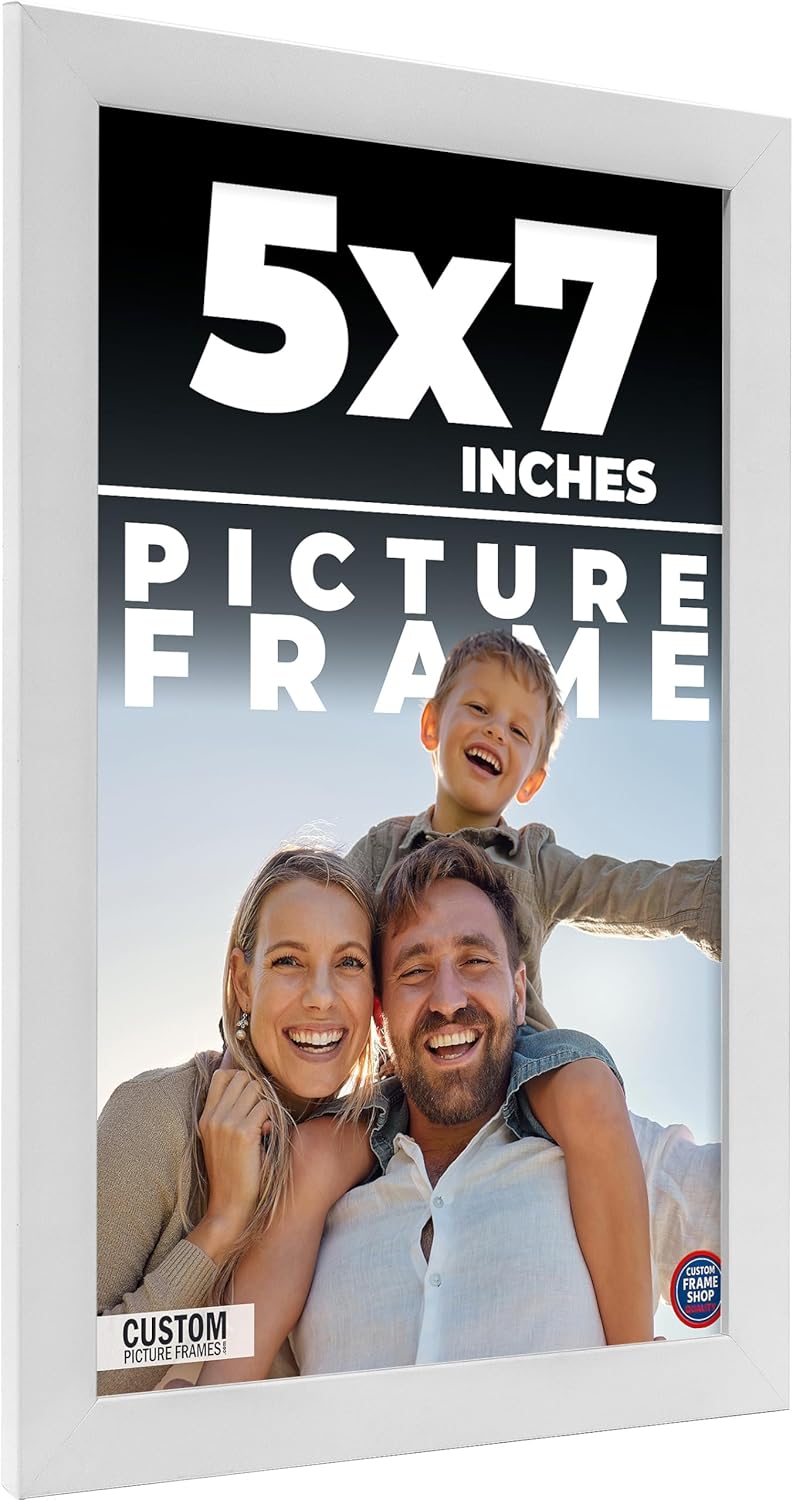5x7 IN Frame White Real Wood Picture Frame Width 0.75 Inches | Interior Frame Depth 0.5 Inches | Bianca Mid Century Photo Frame Complete with UV Acrylic, Foam Board Backing & Hanging Hardware