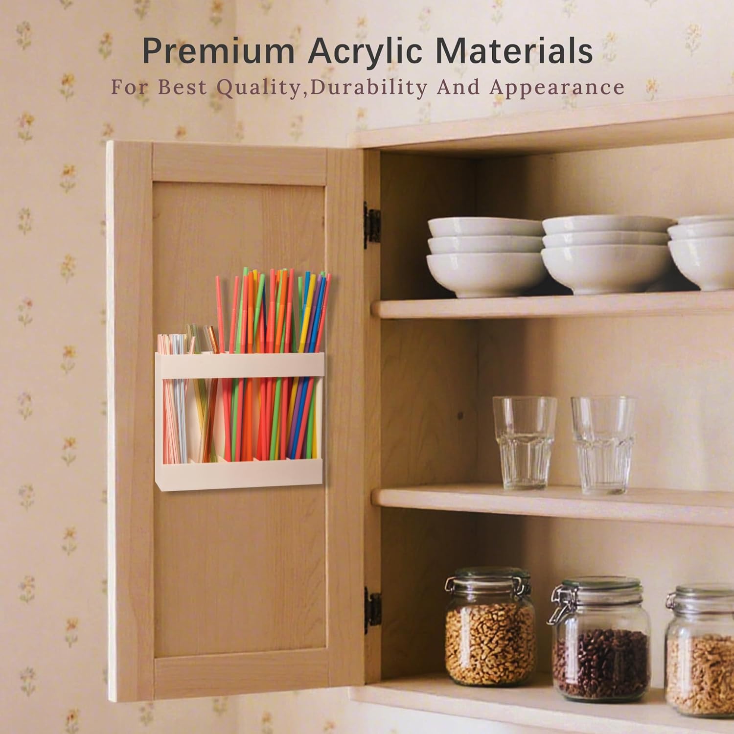 Acrylic Straw Holder for Cabinet Door with Double Sided Adhesive Tape Reusable Tumbler Straw Organizer Storage Container Dispenser for Counter Cabinet Cupboard Kitchen(White) - Image 2