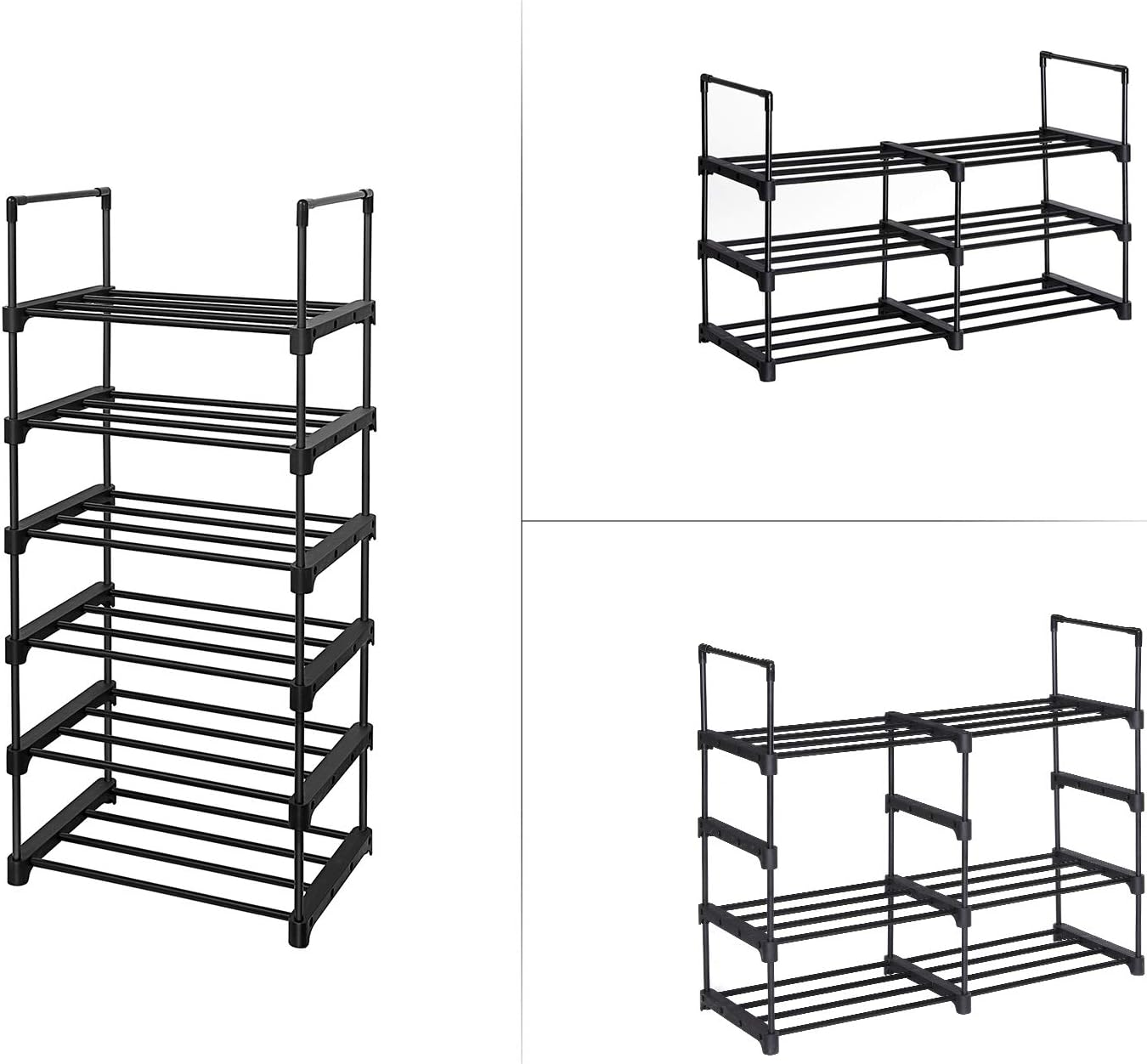 Image showing the shoe rack configured in different ways: a tall 6-tier unit, two separate 3-tier units, and a wider, lower configuration.