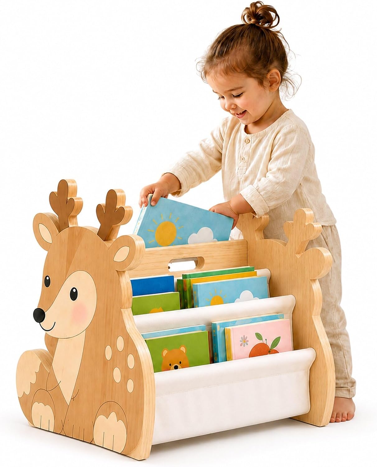 Double-Sided Toddler Bookshelf with 4-Tier Deep Fabric Sleeves, Wooden Montessori Book Rack for Kids Nursery, Playroom & Bedroom, Portable Childrens Bookcase and Toy Storage Organizer - Brown Deer