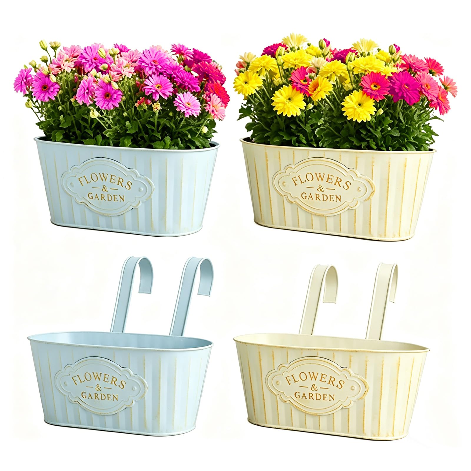 FARYODI 4 pezzi vasi da fiori pensili in metallo, 27,5 cm, vasi pensili per piante, secchi per fiori pensili, vaso da fiori pensile per ringhiera del balcone, recinzione, giardino