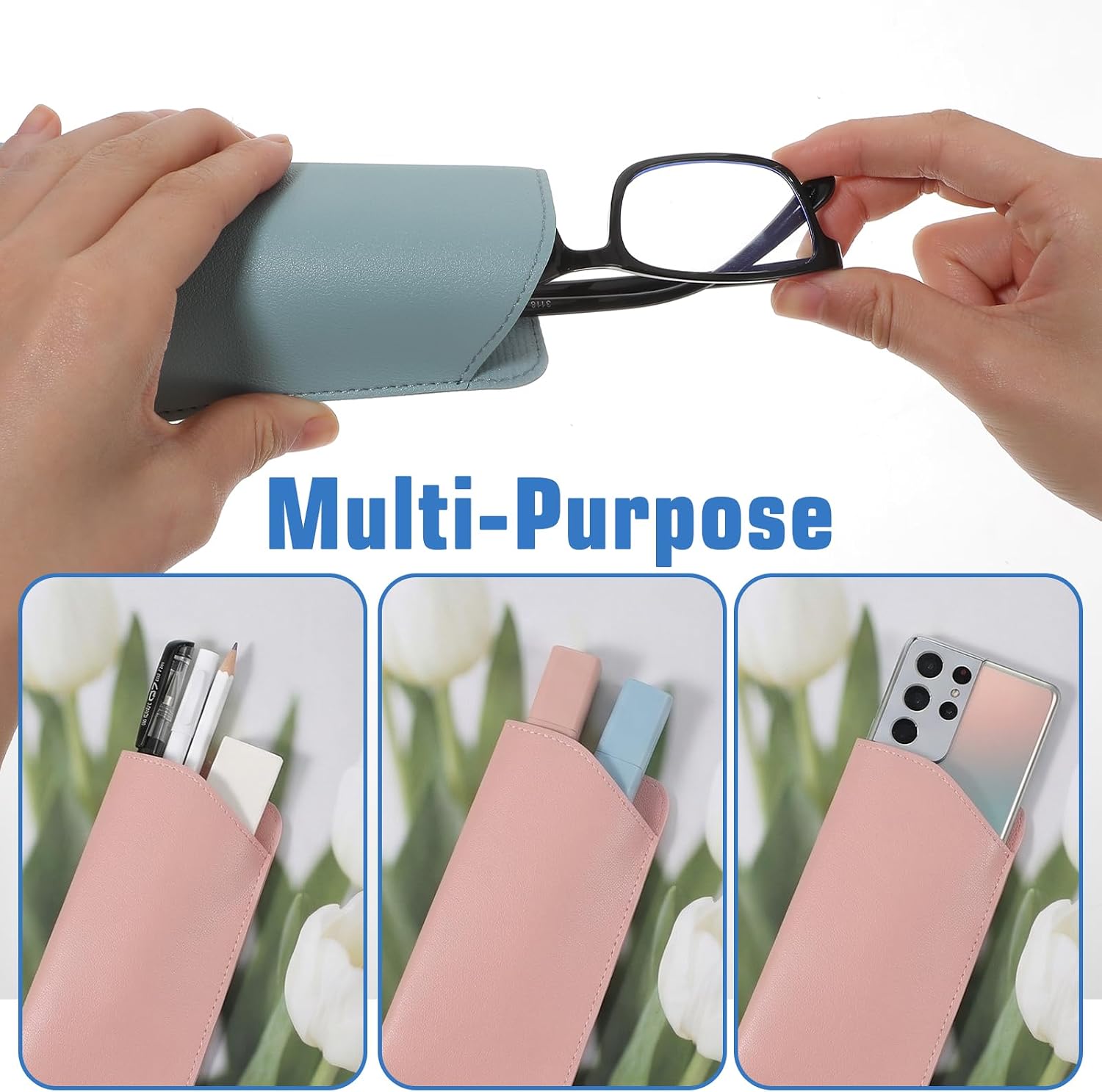 6 Pack Soft Glasses Case, PU Leather Soft Eyeglass Cases for Women Man, Multiple Colors, Portable, Slip-In Design Eyeglass Pouch(6.9x3 Inch)