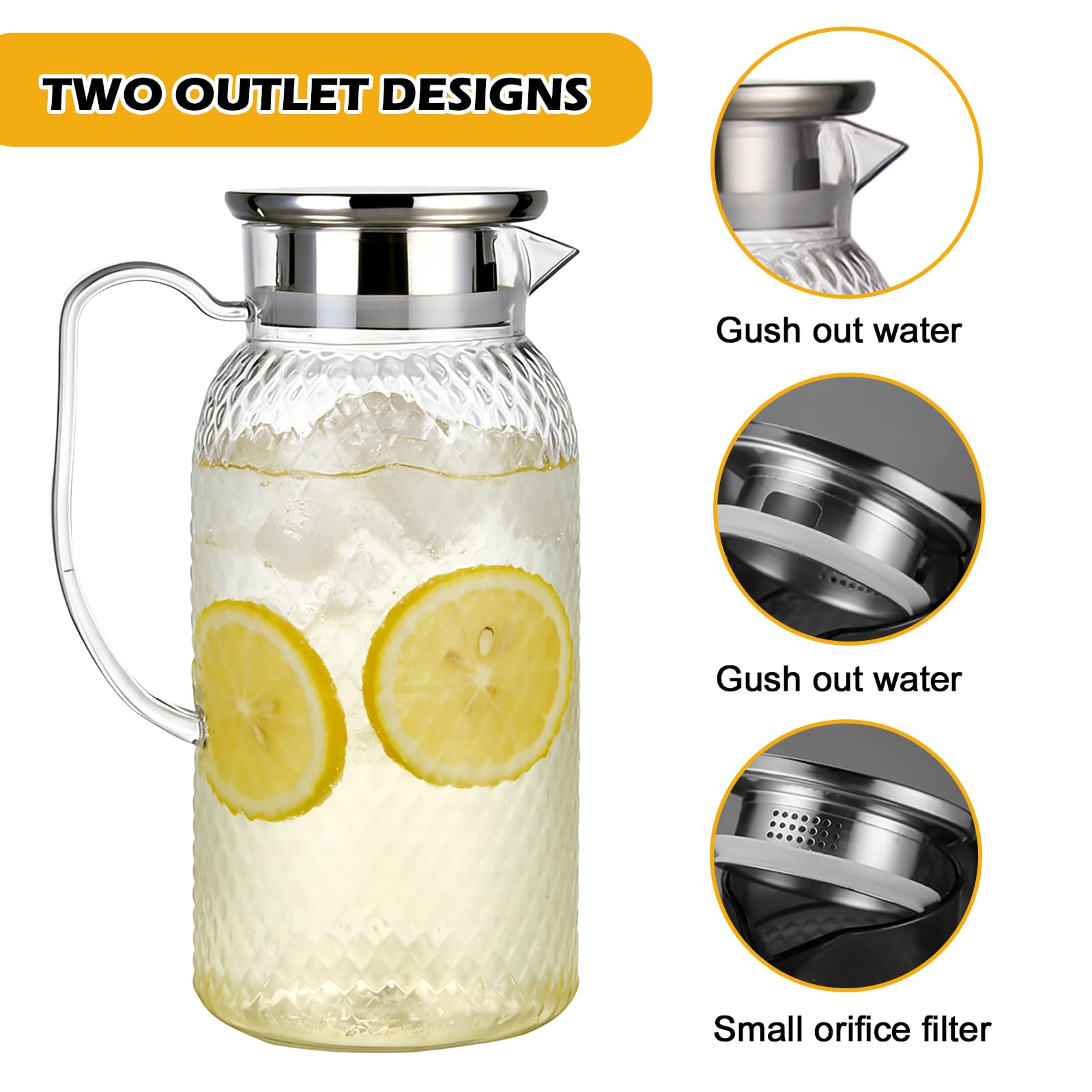 2 caraffa per acqua con coperchio, 1,8 l, con coperchio in PC, caraffa da 2 litri, resistente al calore e infrangibile, per acqua, succo e tè