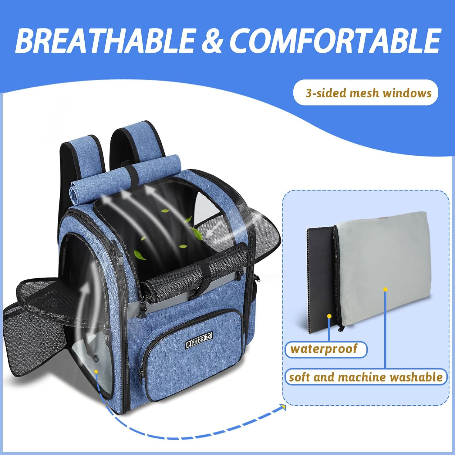 Petskd Pet Carrier Backpack for Small Medium Dogs and Cats, Large Space Fits up to 20 lbs Pets, Foldable Backpack with Safety Lock Zipper and Breathable Mesh for Travel Hiking Camping(Blue) : Pet Supplies