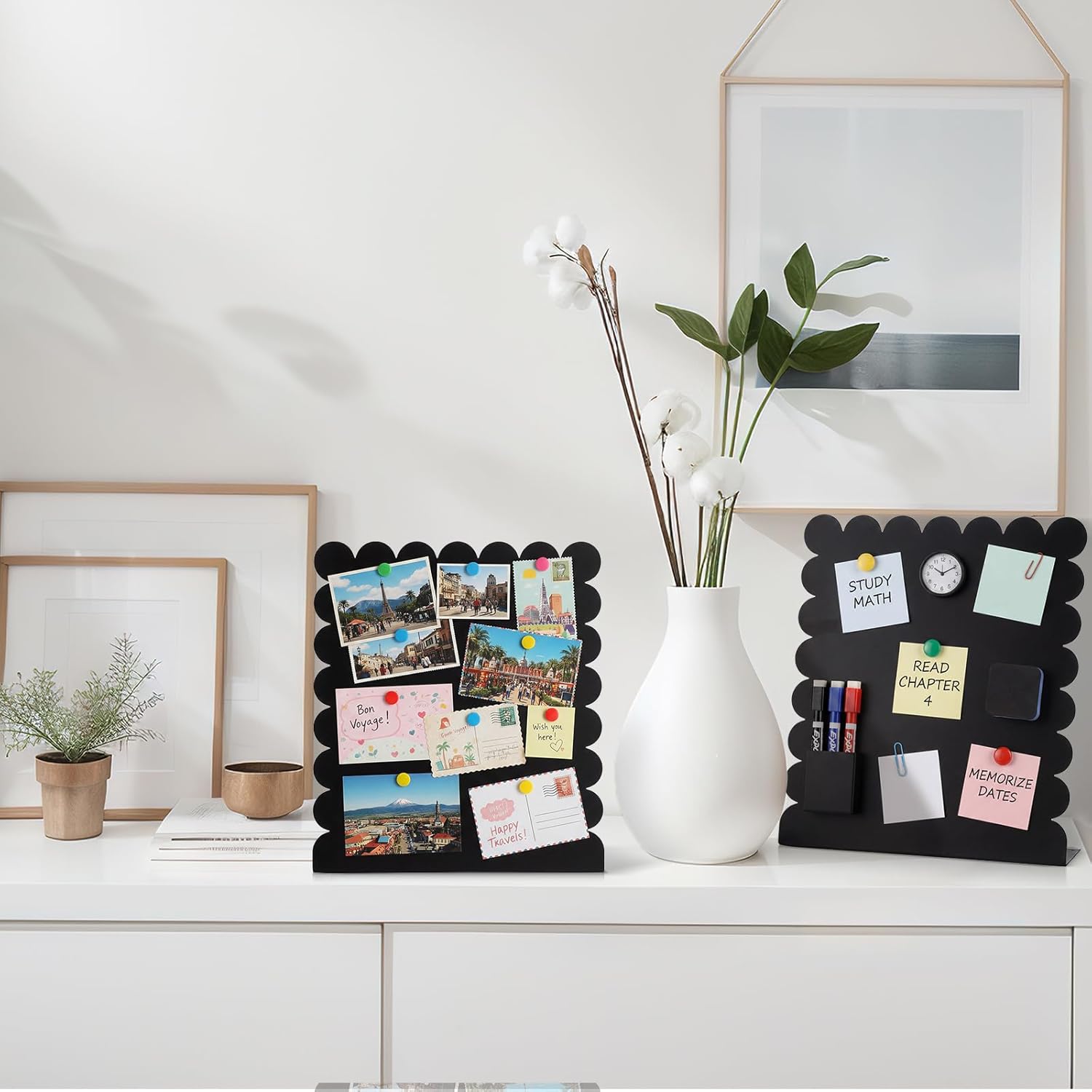 Gueevin 2 Pcs Magnet Board Standing Magnetic Metal Board for Desk and Wall 12.6" x 11" Scalloped Magnetic Display Stand for Memos, Photos and Documents Home Office School Supplies(Black,Medium)