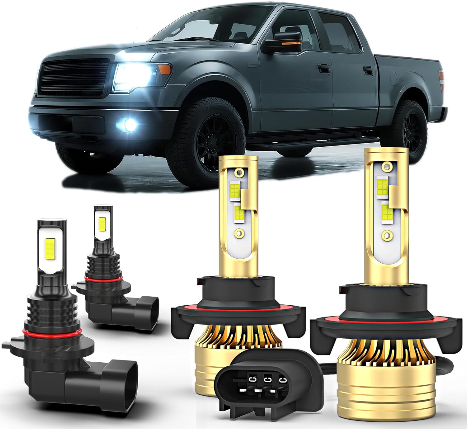 Fit For Ford F150 2004-2014 LED Bulbs Combo,9008 H13 High&Low Beam+9145 Fog Light Bulbs,6000K White,500% Brightness,9008 9145 Light Bulbs,Plug and Play,Pack of 4