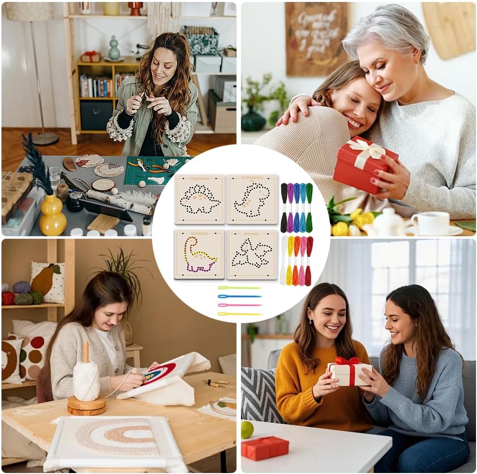 4Pcs Wood Sewing Boards 5.71 x 5.71 x 0.08 Inch Wooden Threading Kit with 10 Colors Polyester Threads and 4Pcs Plastic Needles Dinosaur Threading Boards Craft for Practicing Lacing Projects