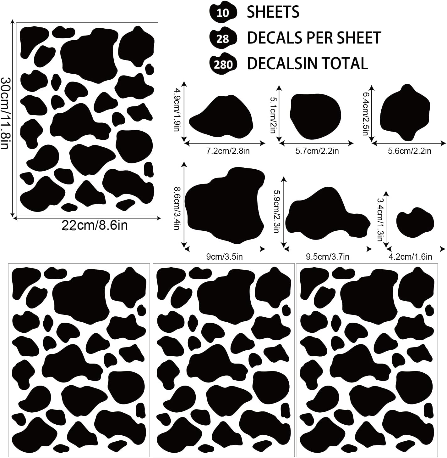 Dayker 280Pcs Cow Print Stickers, Removable Black Cow Spot Pattern Wall Decals, Waterproof Vinyl Animal Themed Art Decor, Self-Adhesive Wallpaper for Car Cup Laptop and Bedroom Kitchen Backdrop
