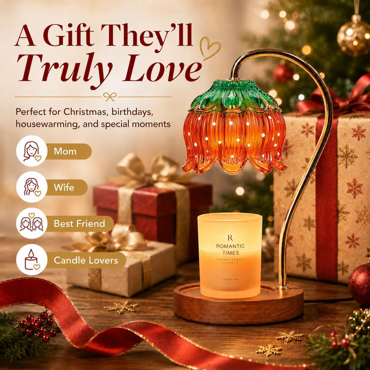 Candle Warmer Lamp with Crystal Glass Flower Shade, Dimmable, Timer, Wood Base, GU10 Bulb Included (Strawberry)