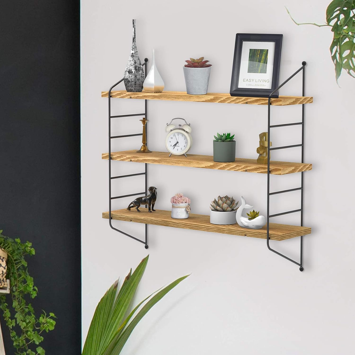 unho Floating Wall Shelves, 3 Tier Adjustable Pine Wood Shelf with Metal Bracket 58×15×54.5cm, Original Wood, 58 x 15 x 54.5 cm - Image 5