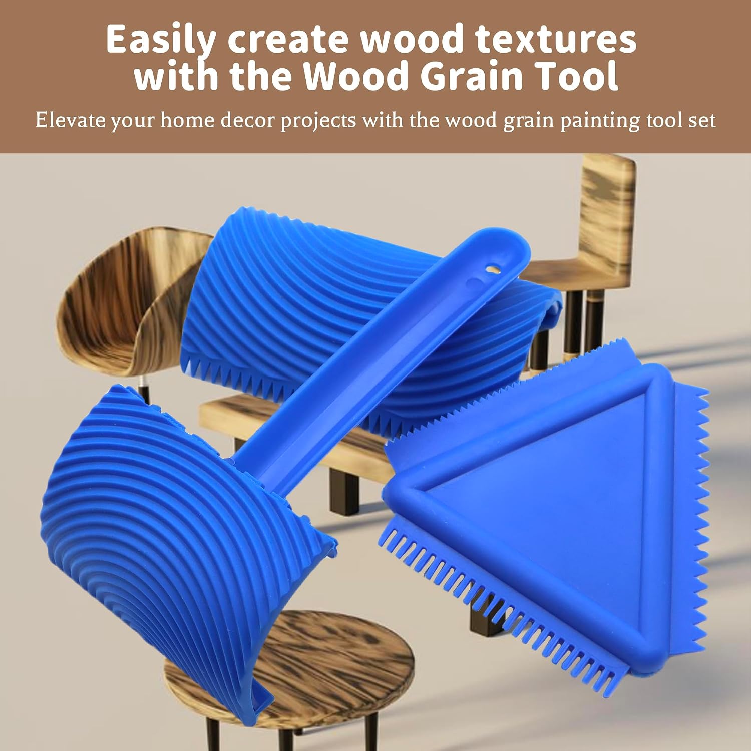 3 Pack Wood Grain Tool (Blue)-Natural Woodgrain Maker for Decorative Painting Premium Wood Graining Tool Set Enhance Your DIY Projects with Wood Grain Patterns，2 of Them are Removable and Interchangea