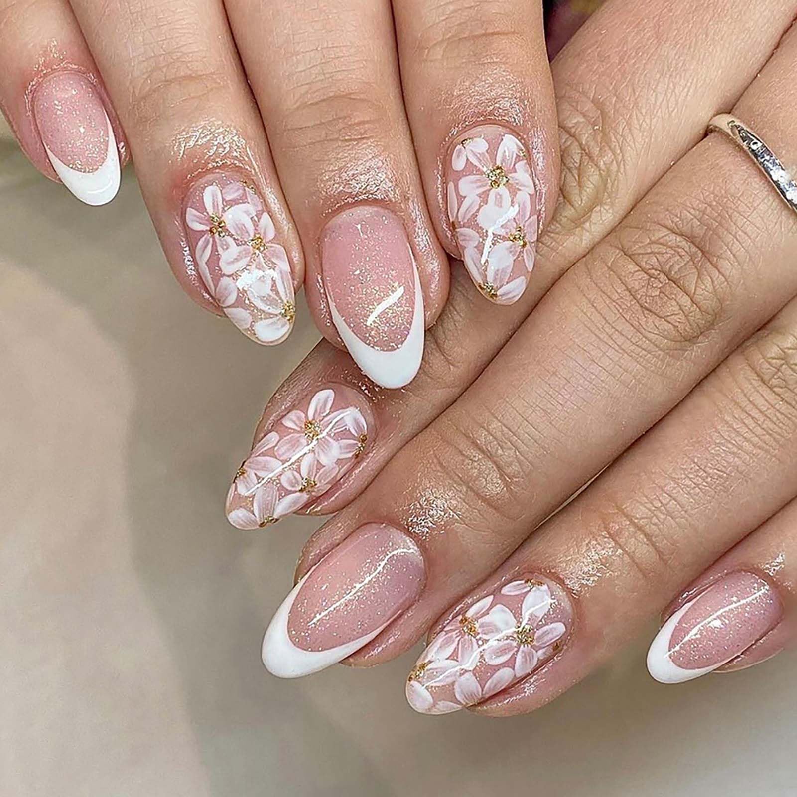French Tip Press On Nails with Glitter & Floral Designs, Short Almond Shape False Nails Set