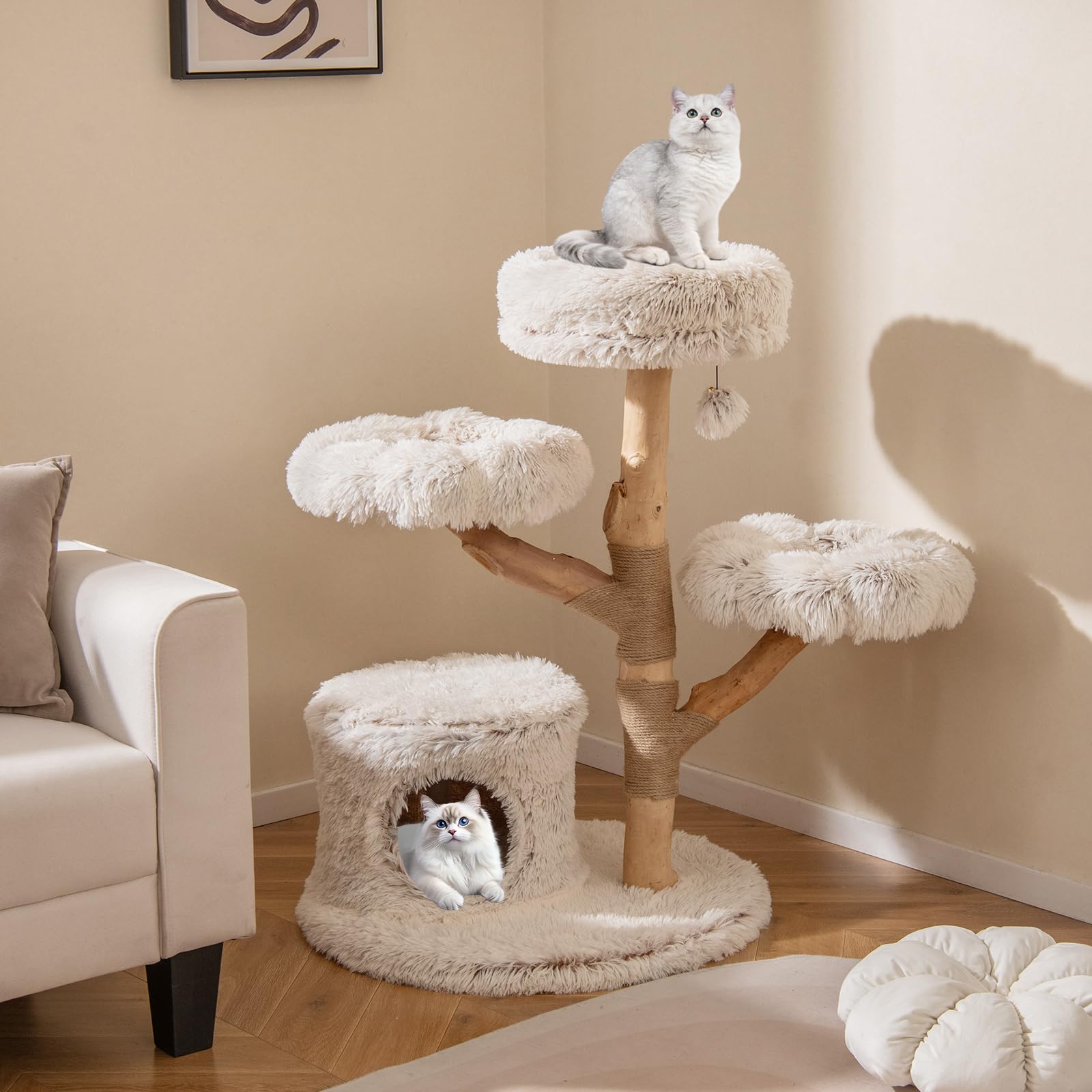 COSTWAY Árbol para Gatos Moderno de Madera Maciza, 102 cm Torre Gatos Rascador Acolchado con Felpa Extra Suave, Rascador para Gatito, 3 Plataformas, Poste de Yute, Nido, Bola Colgante, Blanco