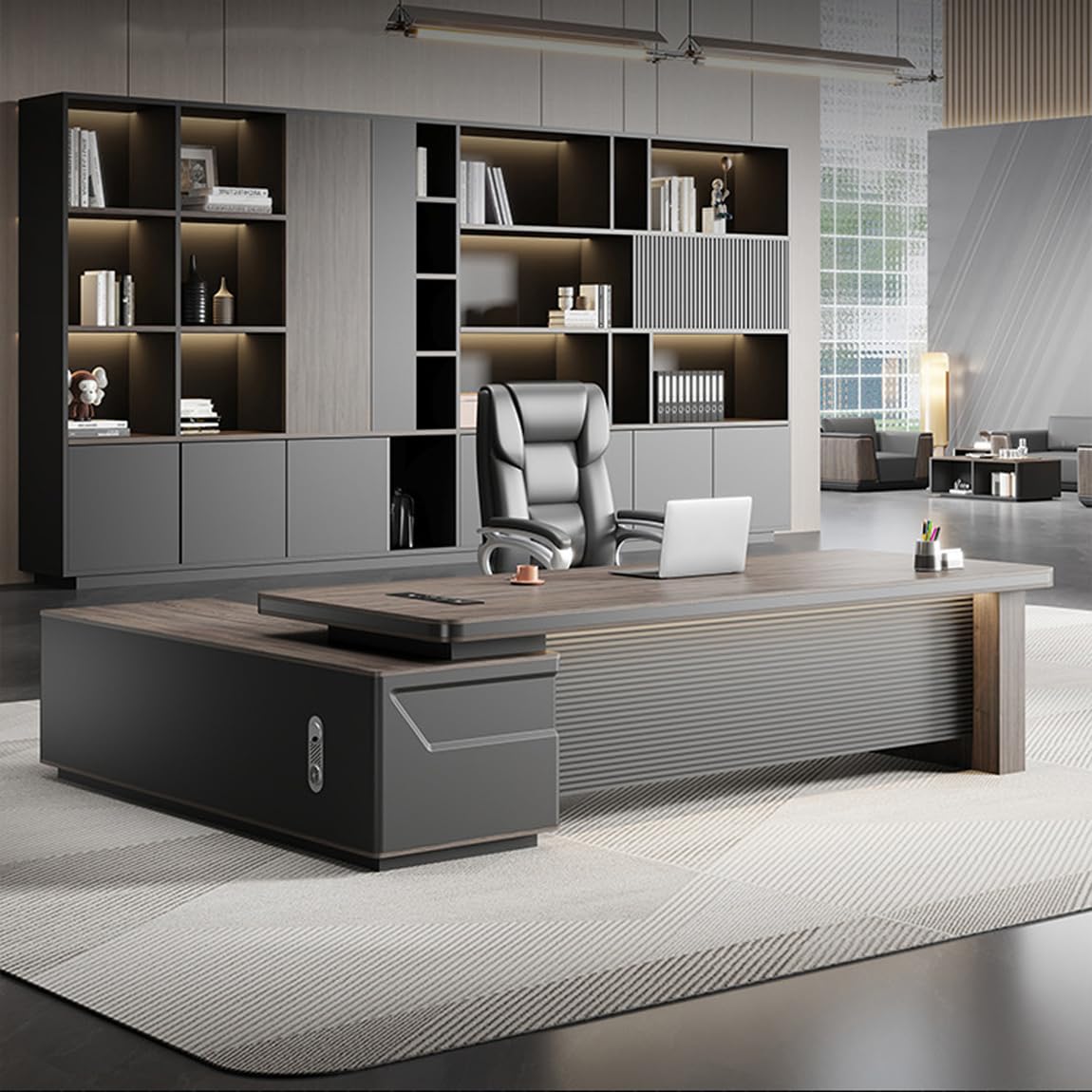 DUWEIKE Modern L-Shape Executive Desk, Large CEO Office Computer Desk with Locking Drawers & Storage Cabinet, Professional Business Workstation for Home Office,87in